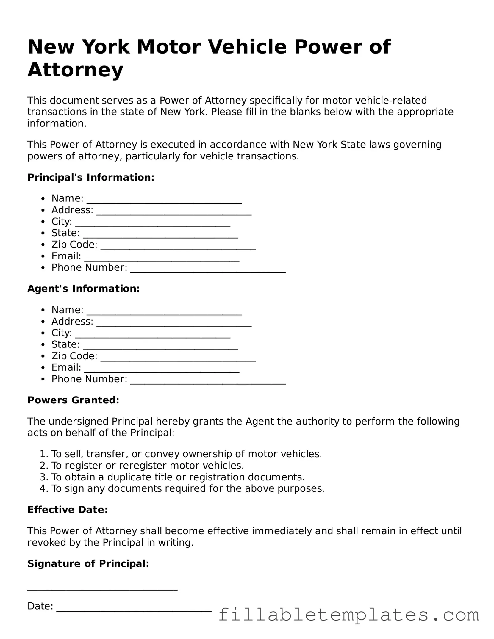 Printable Motor Vehicle Power of Attorney Form for the State of New York