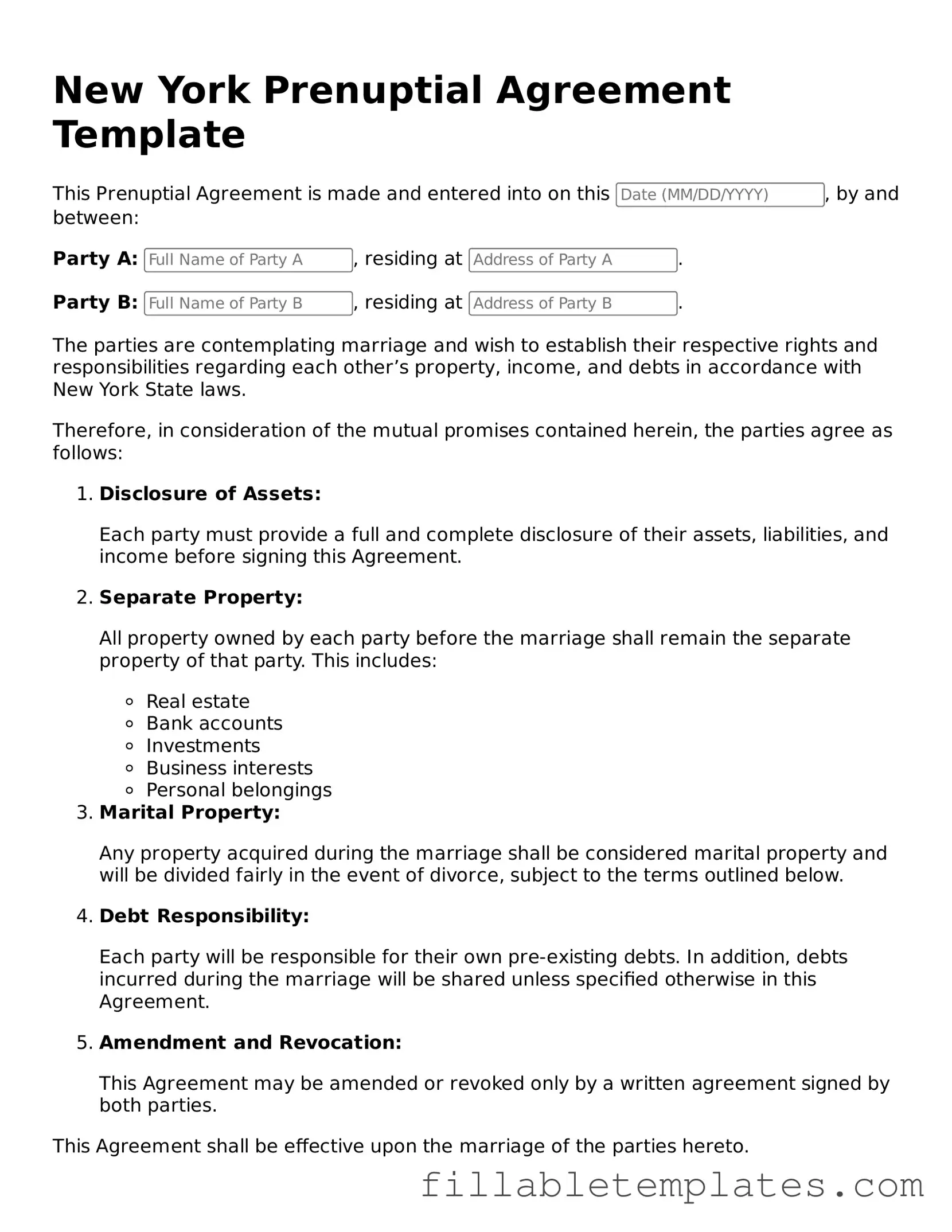 Printable Prenuptial Agreement Form for the State of New York