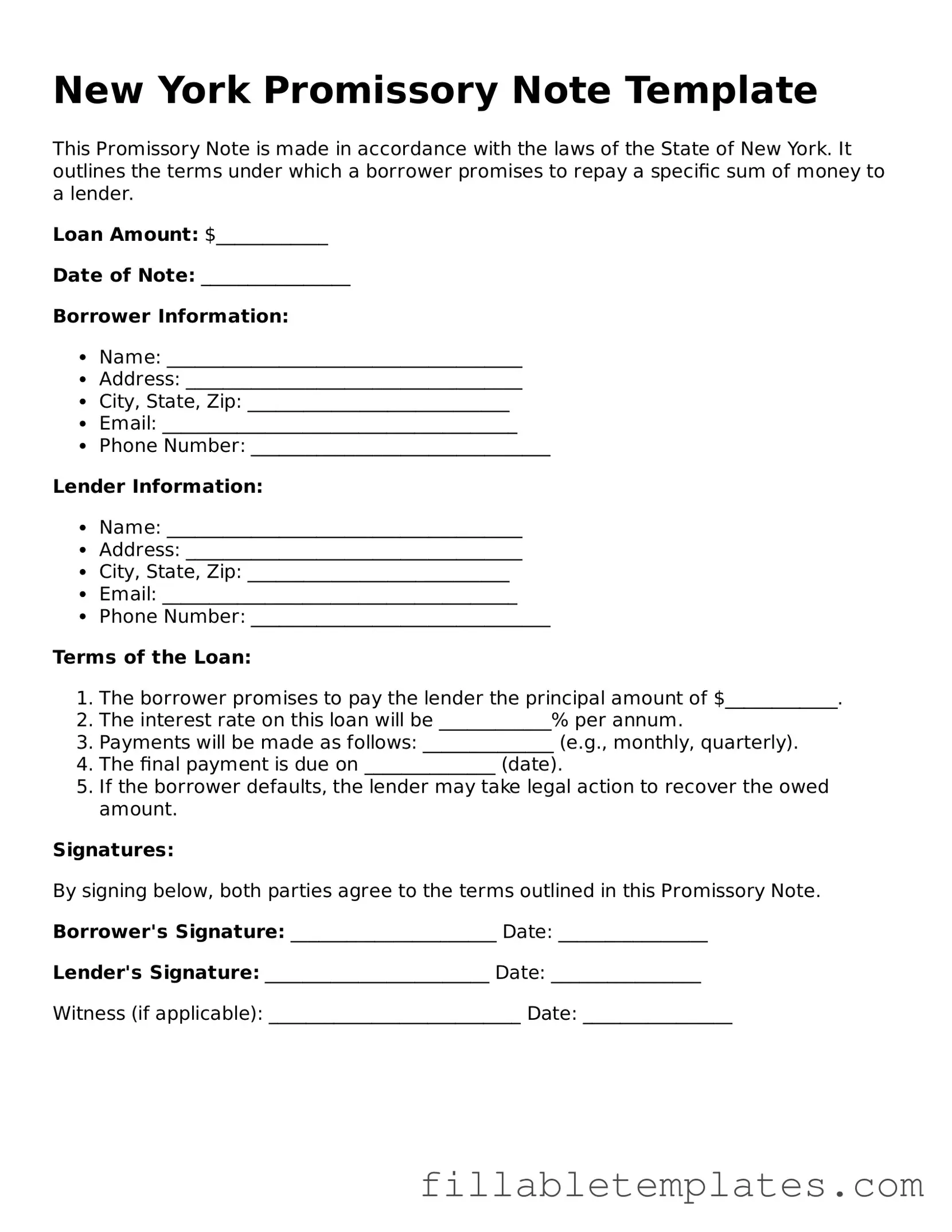 Printable Promissory Note Form for the State of New York