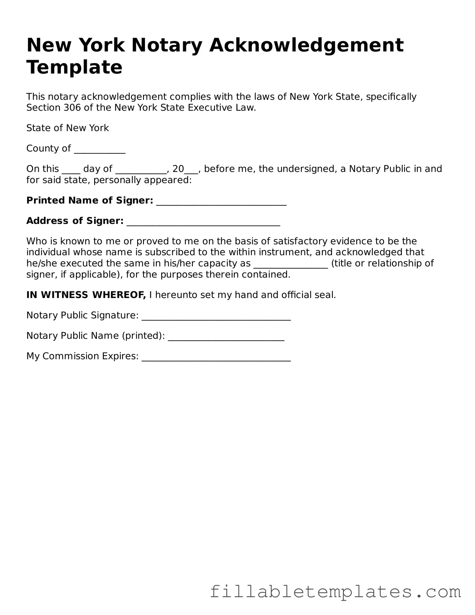 Printable Notary Acknowledgement Form for the State of New York