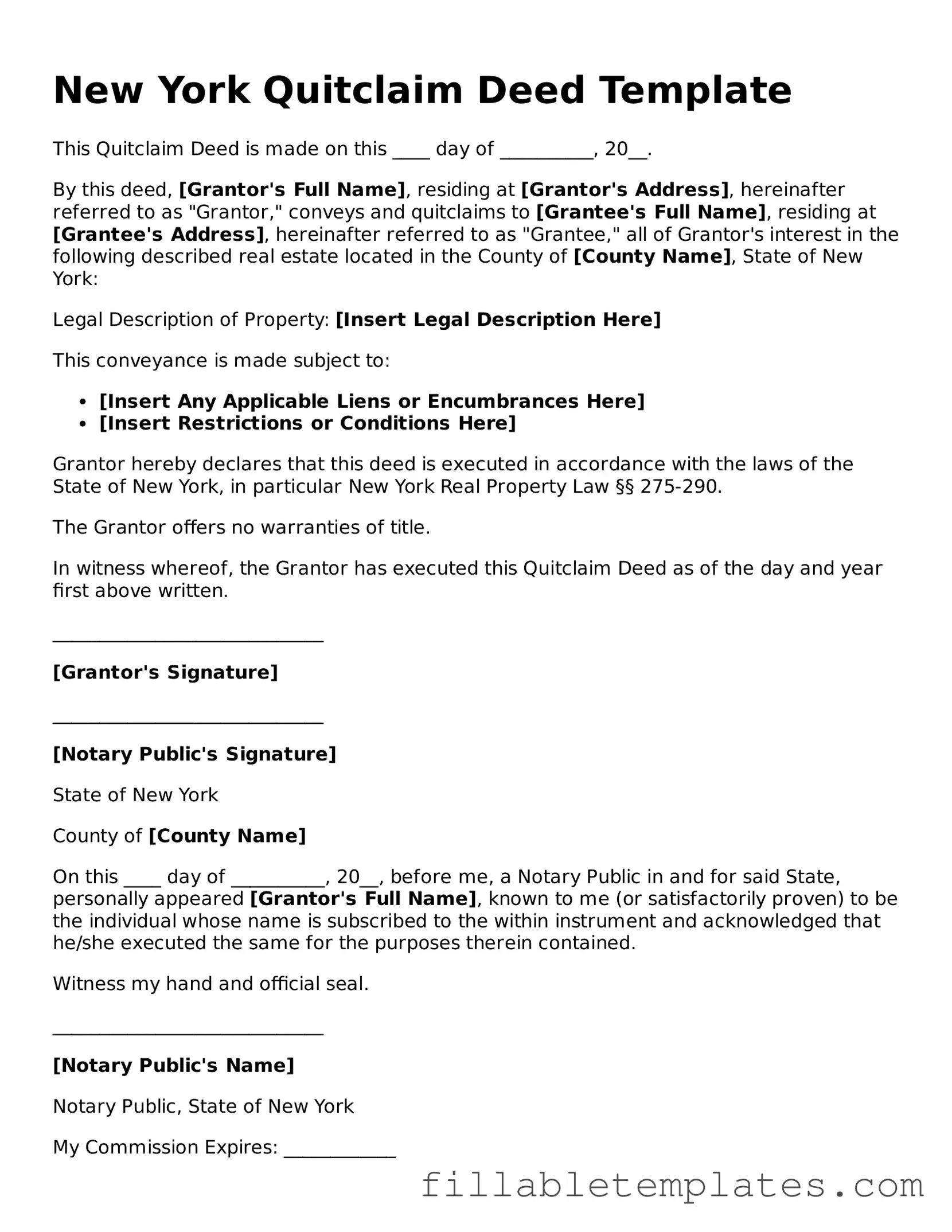 Printable Quitclaim Deed Form for the State of New York