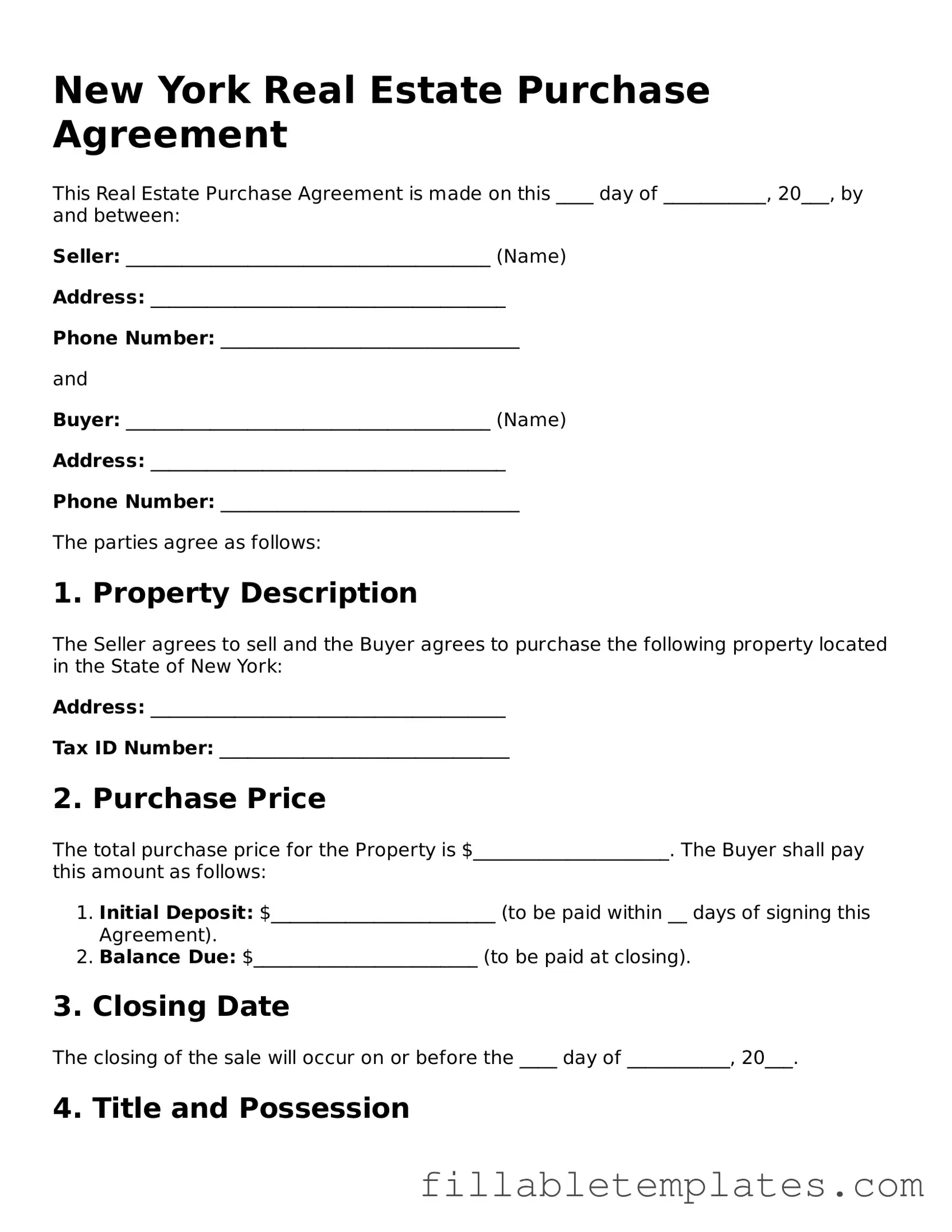 Printable Real Estate Purchase Agreement Form for the State of New York
