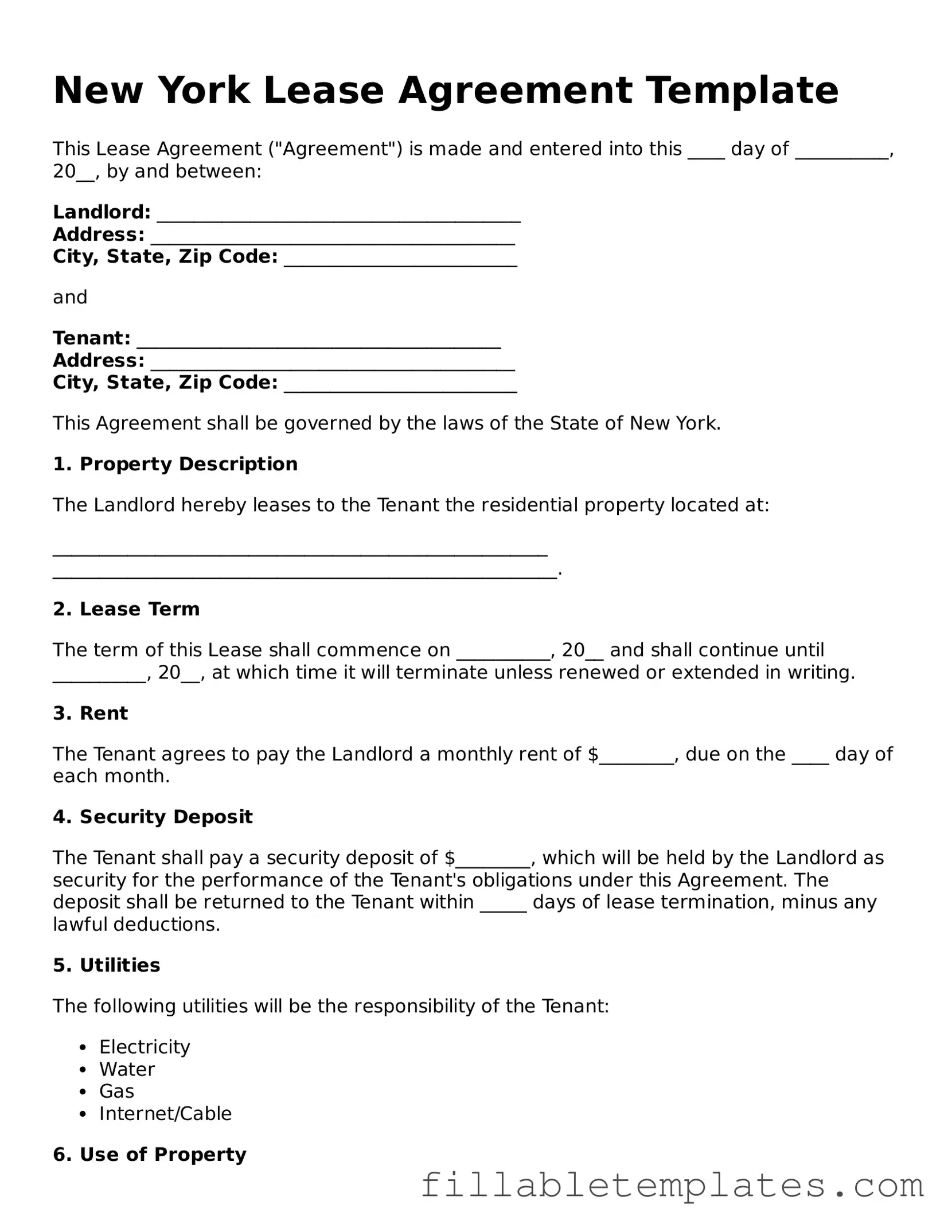 Printable Lease Agreement Form for the State of New York