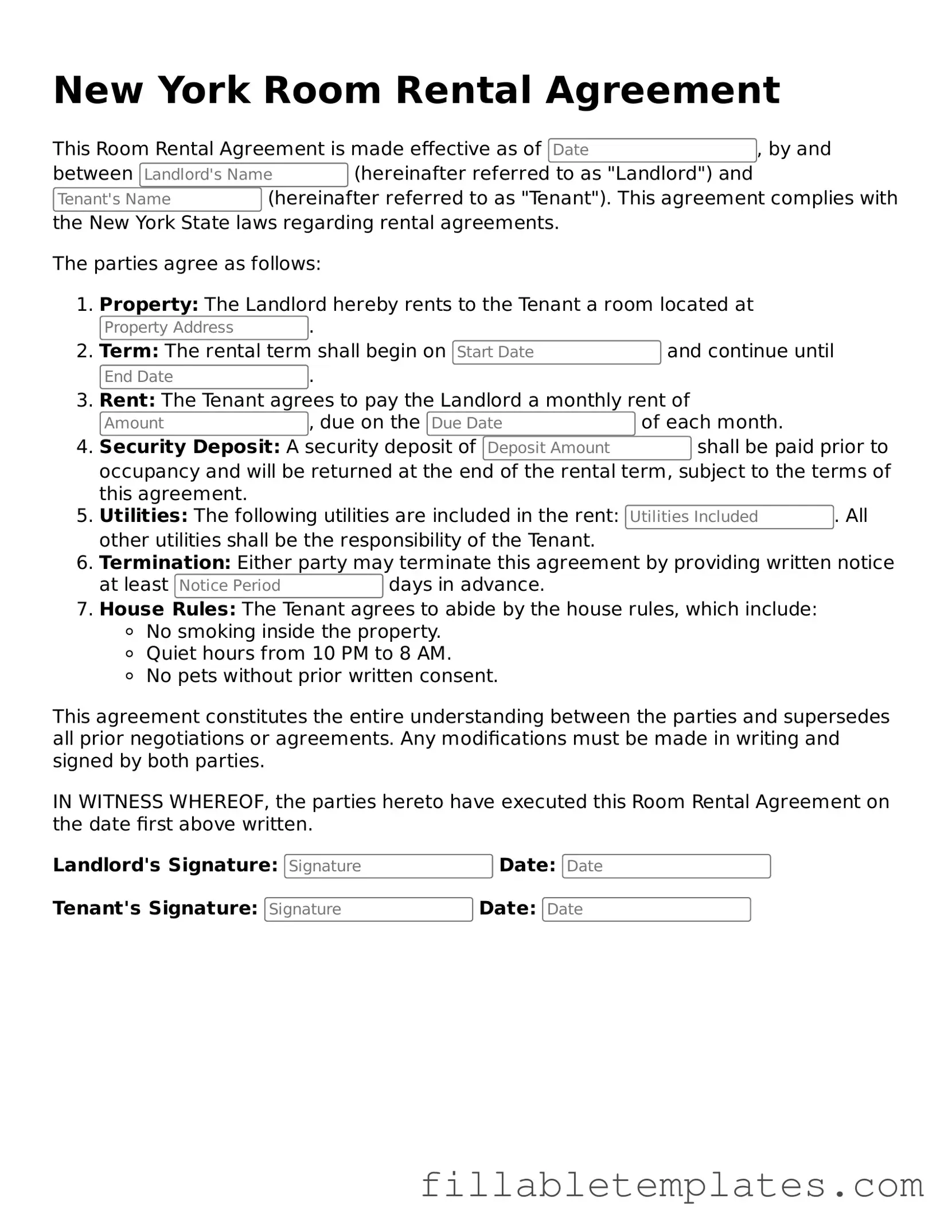 Printable Room Rental Agreement Form for the State of New York