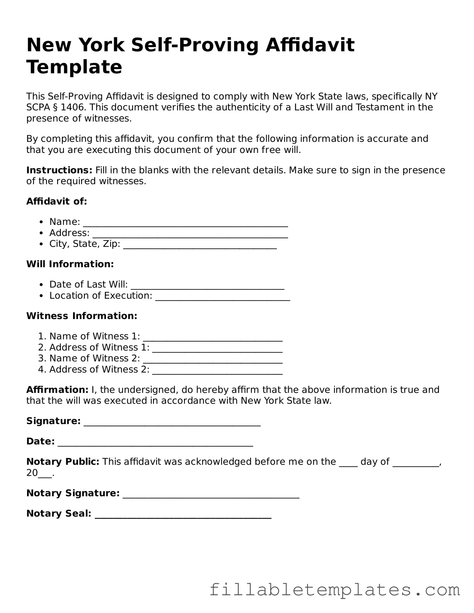 Printable Self-Proving Affidavit Form for the State of New York