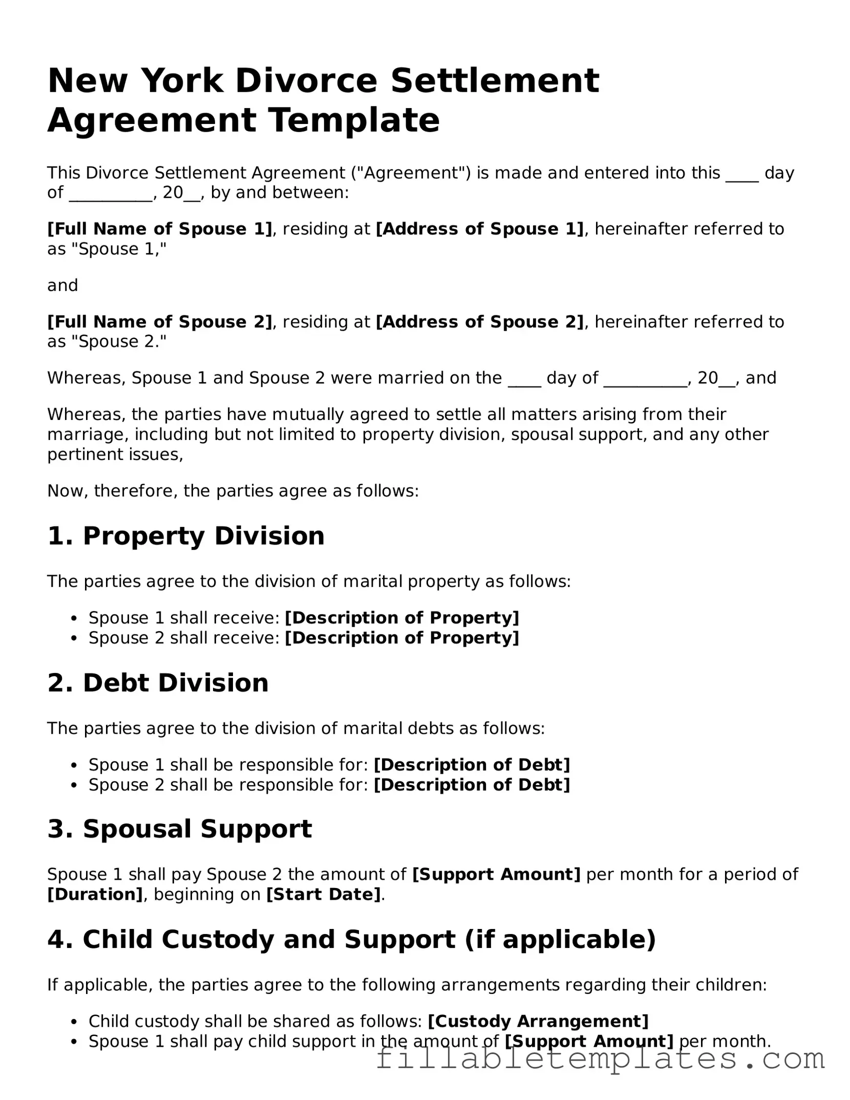 Printable Divorce Settlement Agreement Form for the State of New York