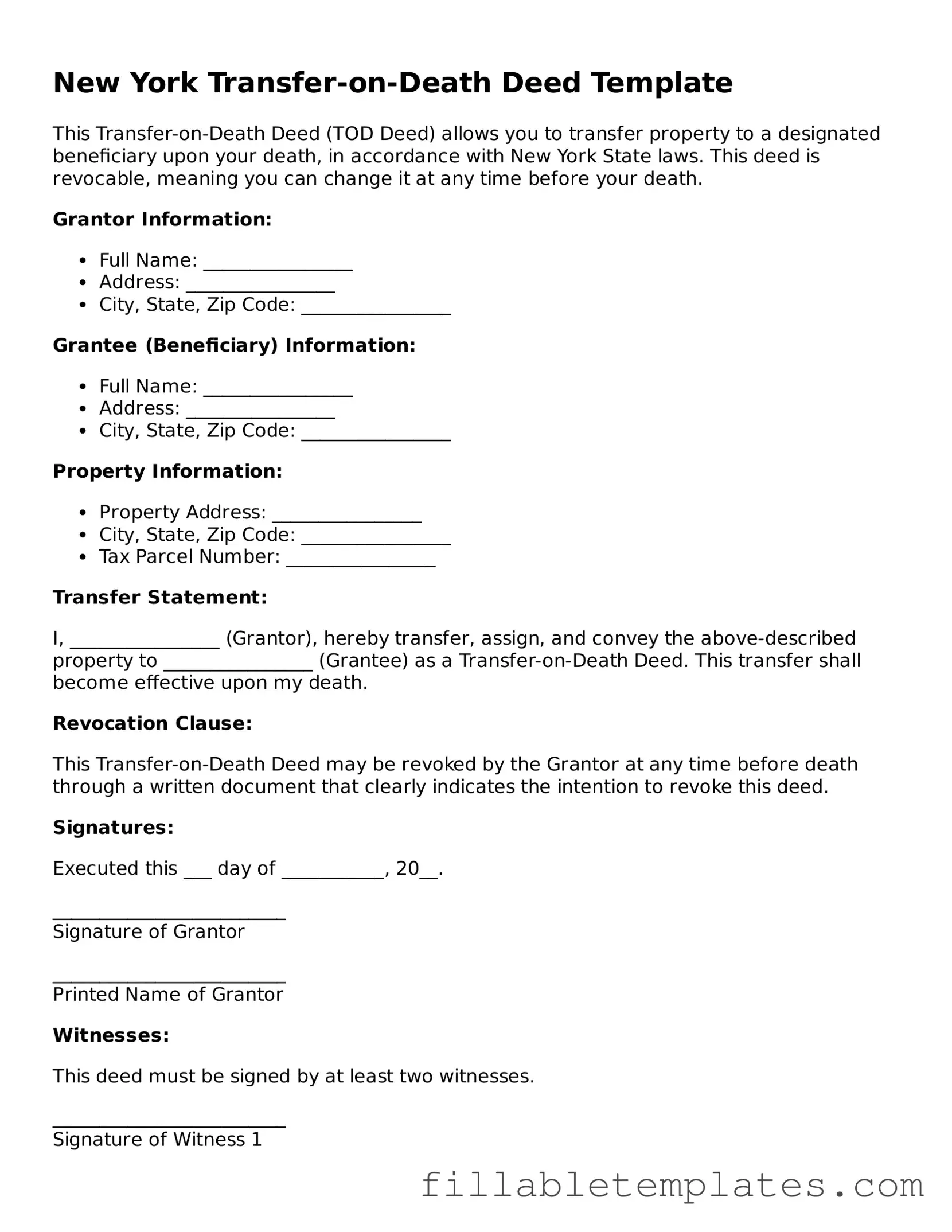 Printable Transfer-on-Death Deed Form for the State of New York