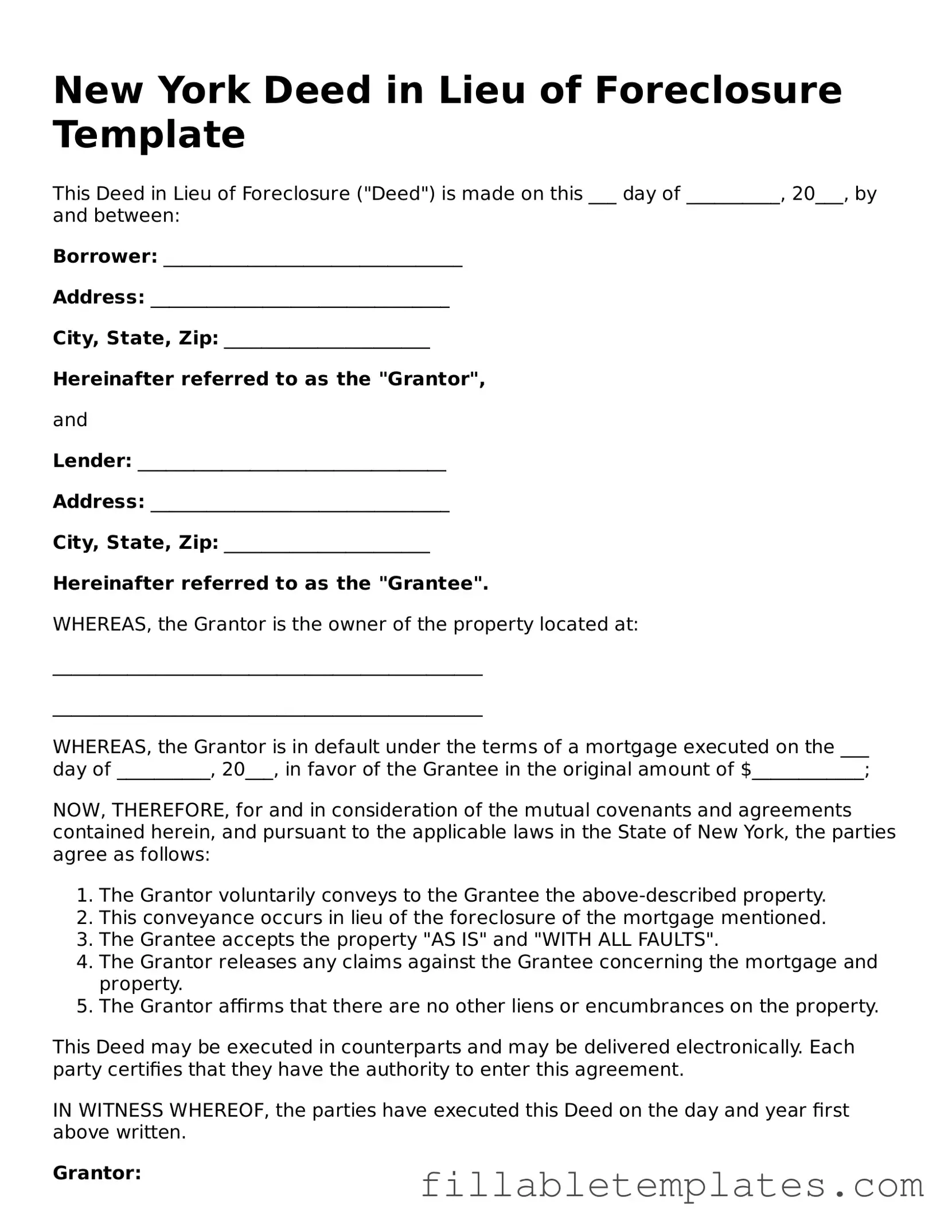 Printable Deed in Lieu of Foreclosure Form for the State of New York