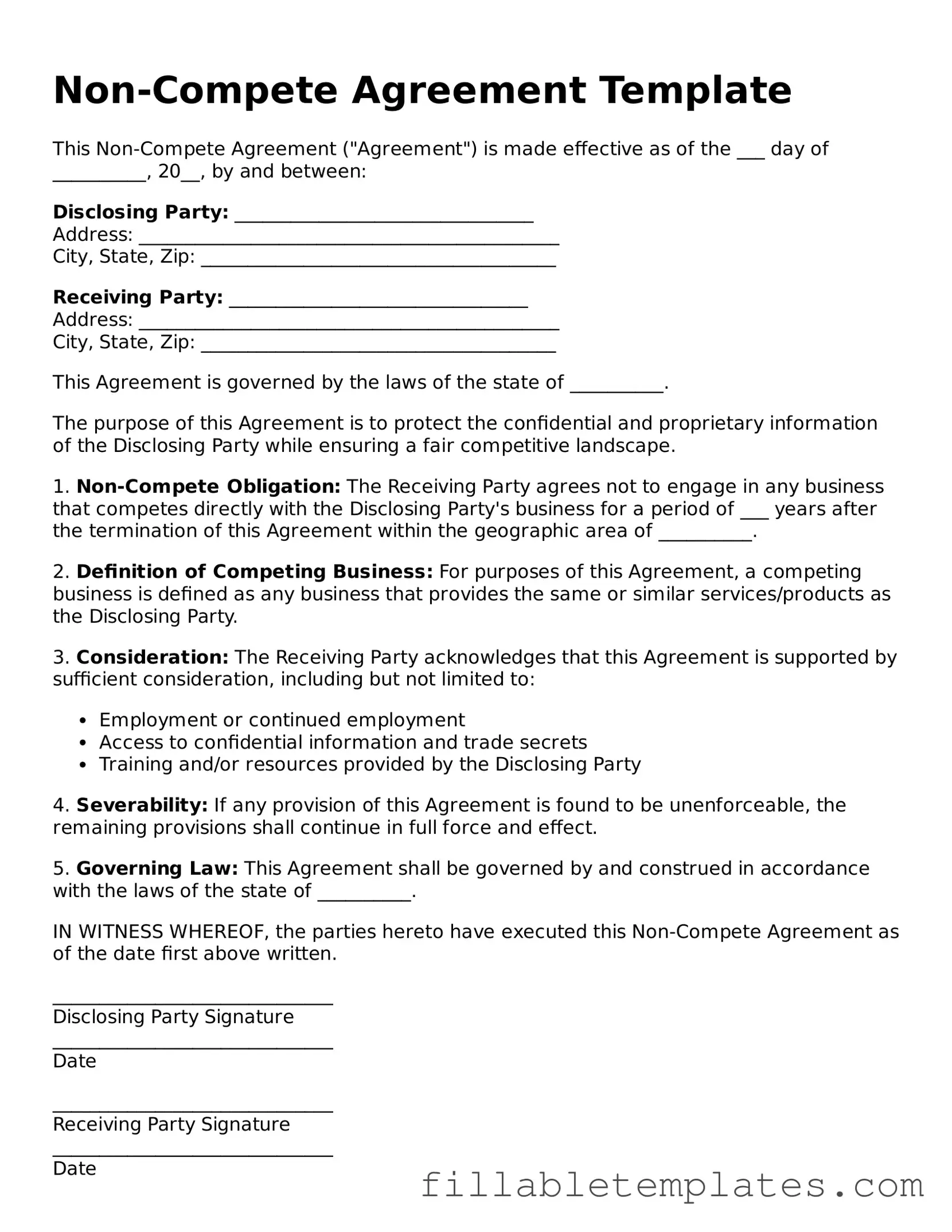 Printable Non-compete Agreement Form