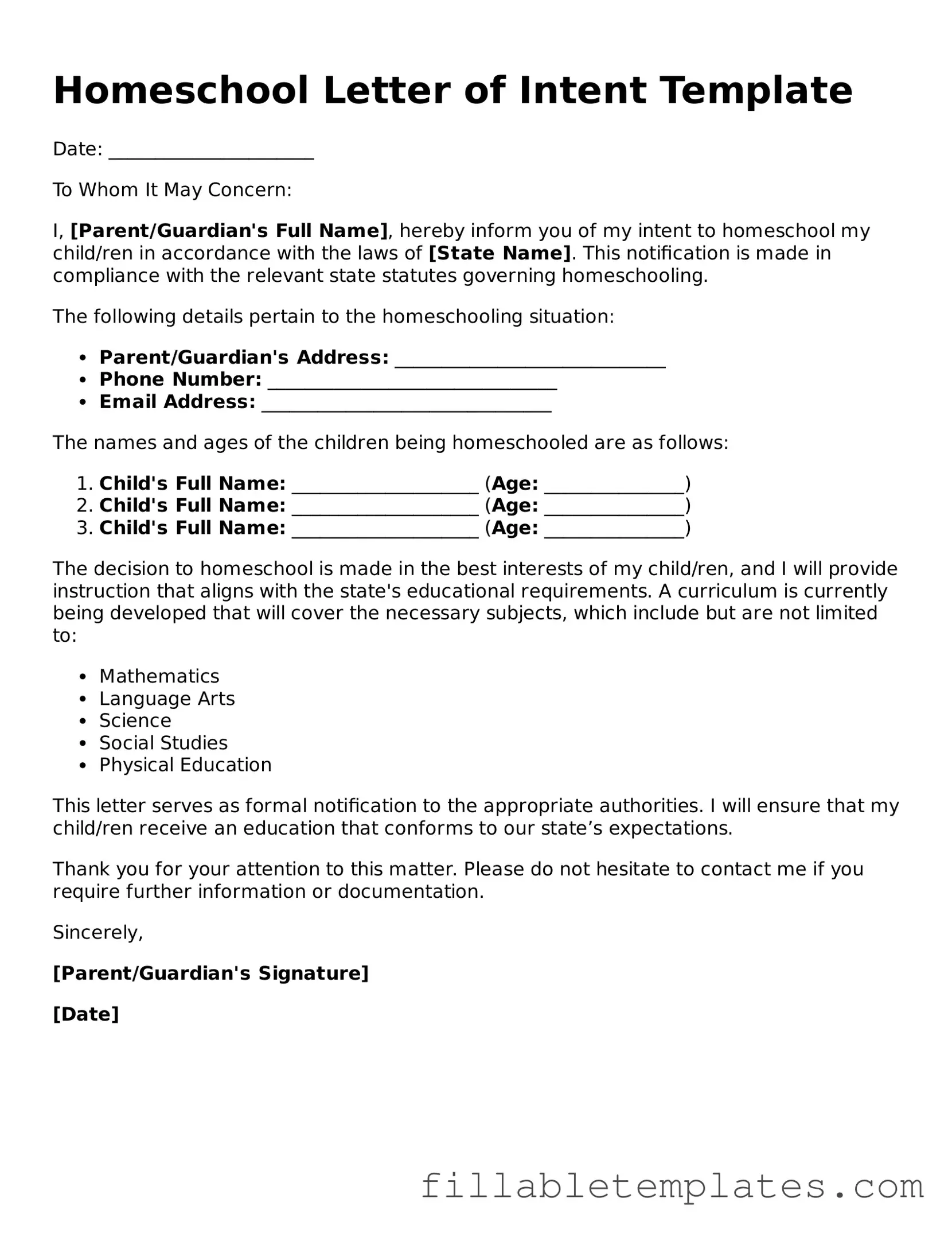 Printable Homeschool Letter of Intent Form