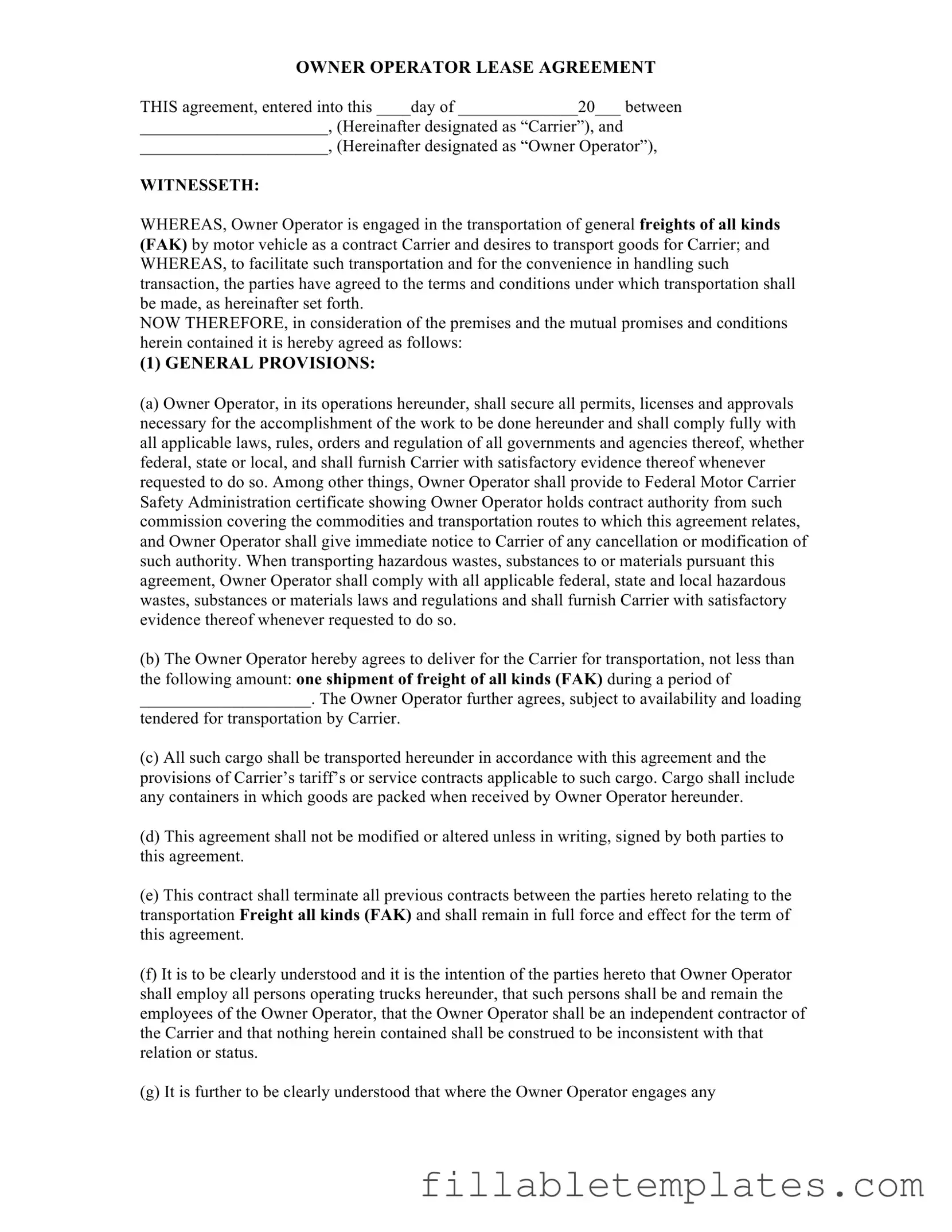 Official Owner Operator Lease Agreement Template in PDF