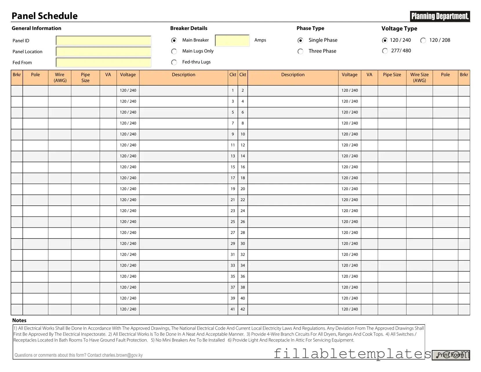 Official Electrical Panel Schedule Template in PDF