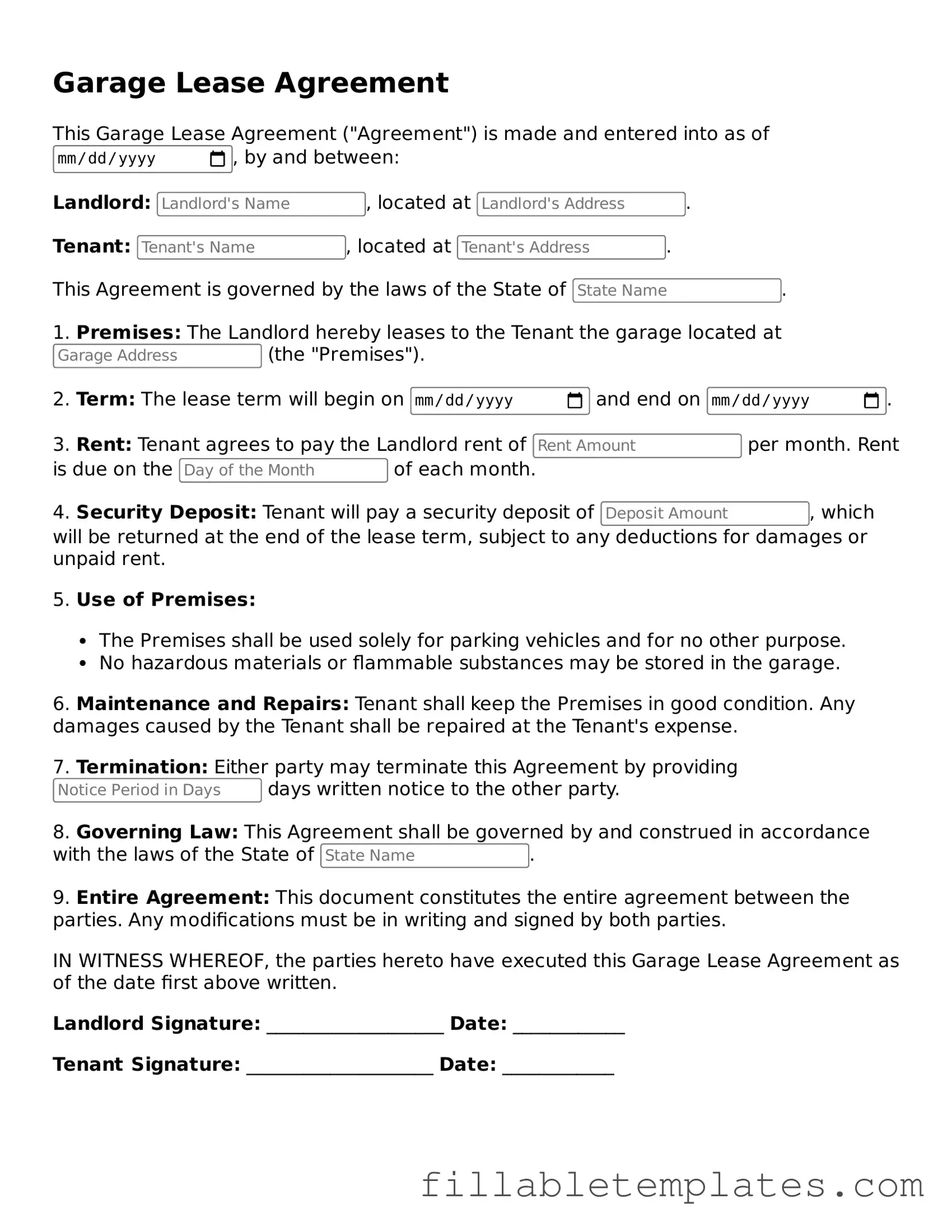 Printable Garage Lease Agreement Form