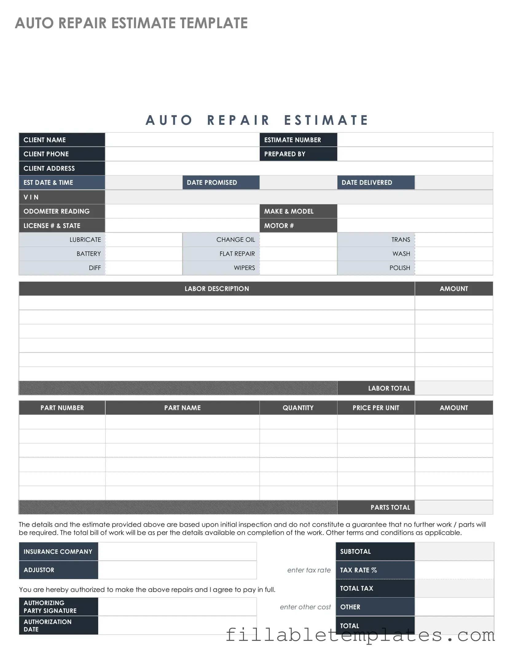 Official Auto Repair Estimate Template in PDF