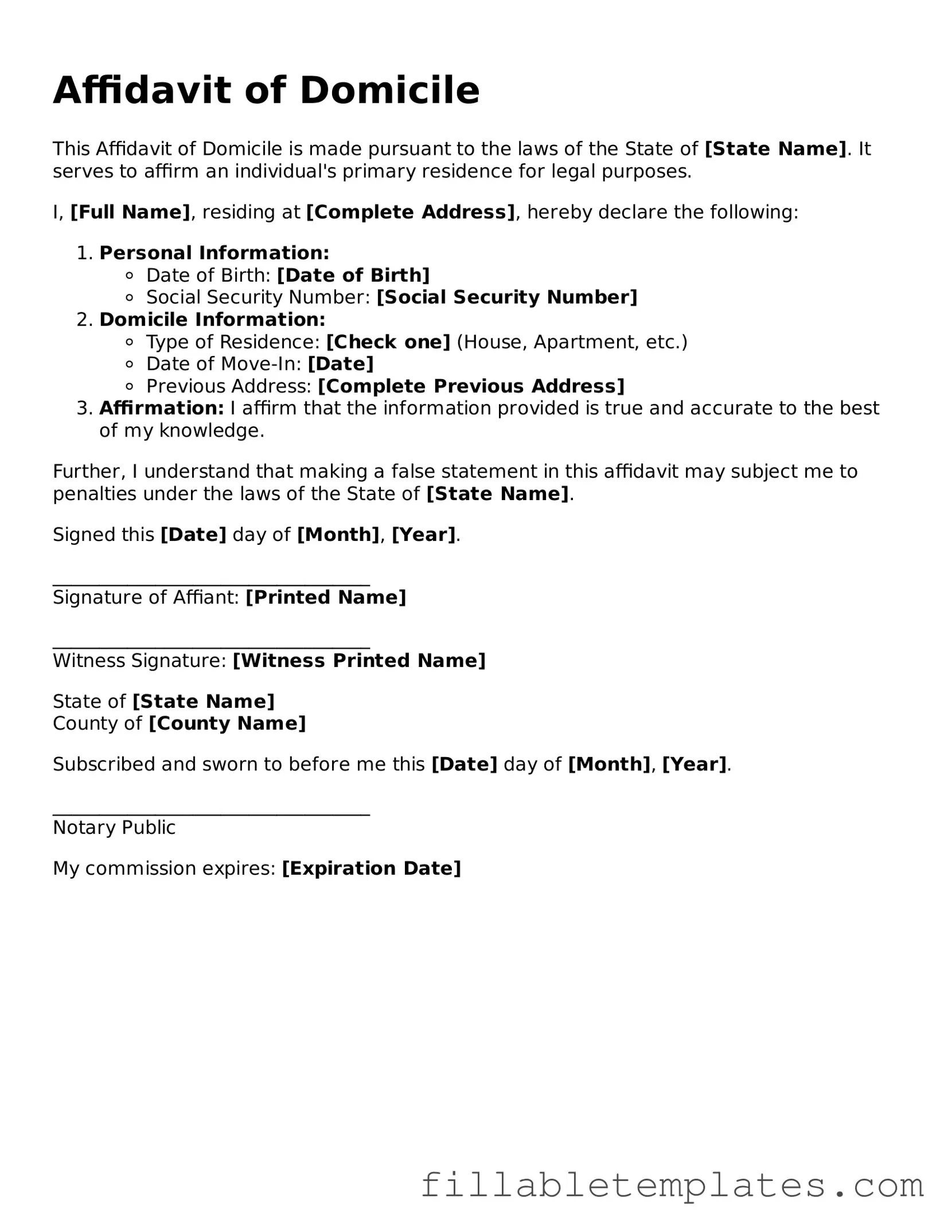 Printable Affidavit of Domicile Form