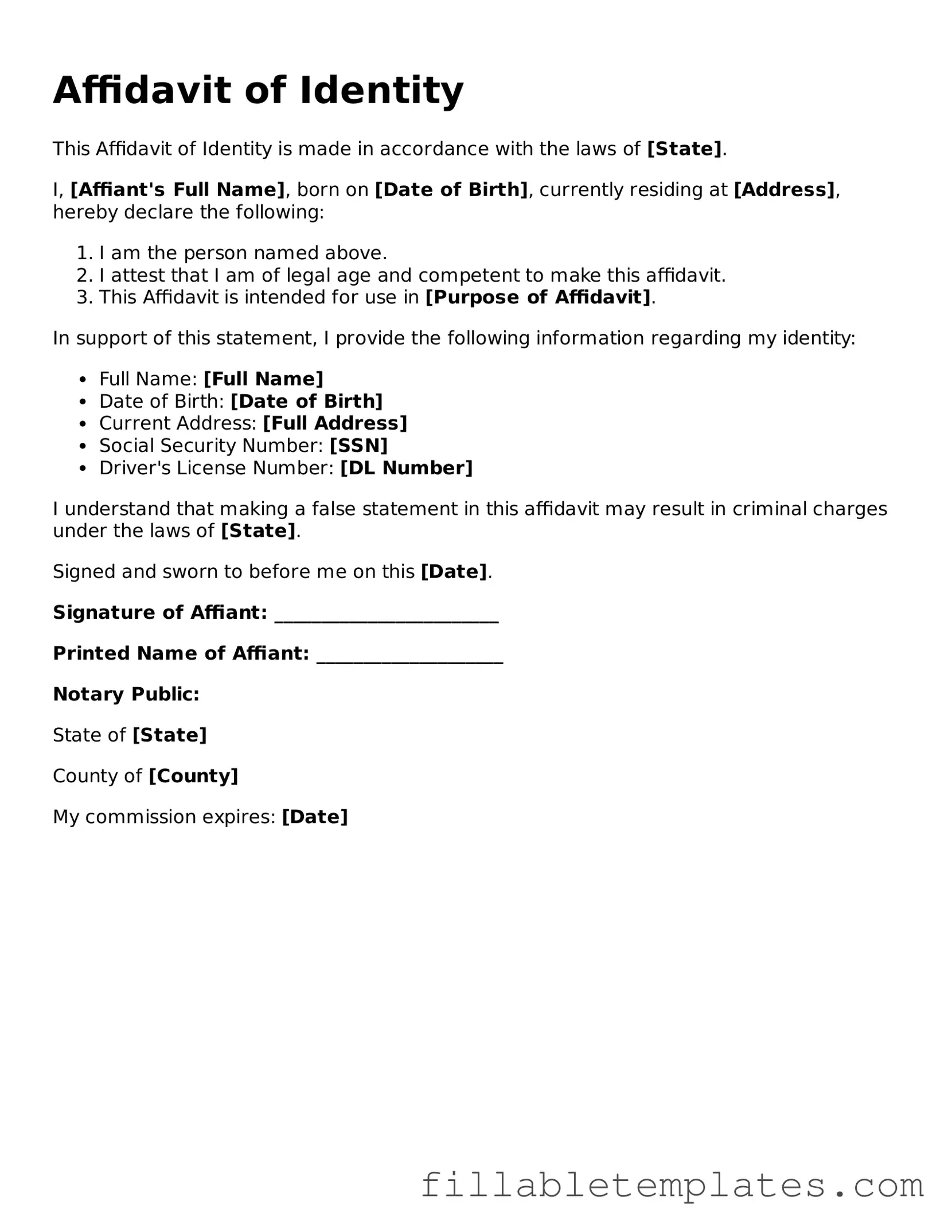 Printable Affidavit of Identity Form