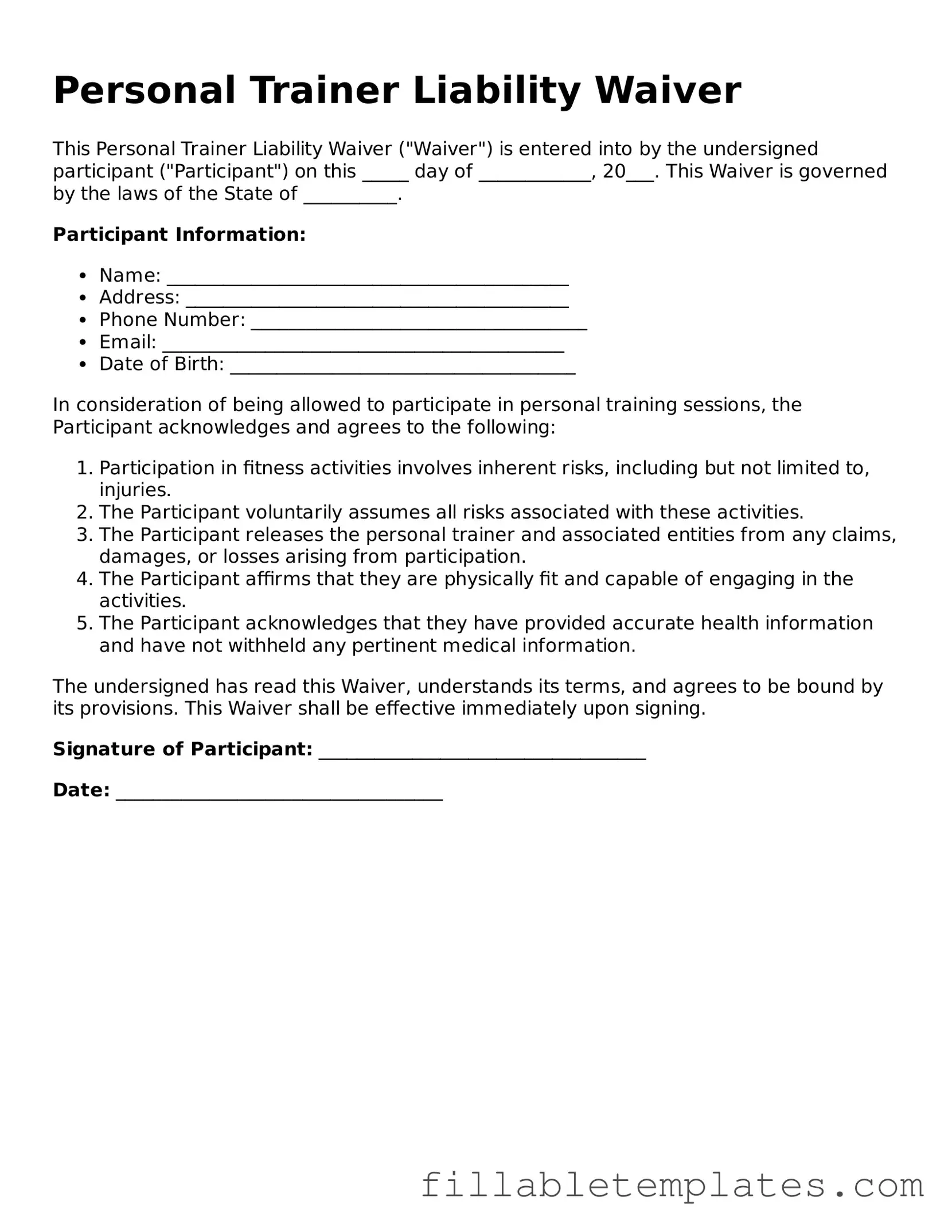 Printable Personal Trainer Liability Waiver Form