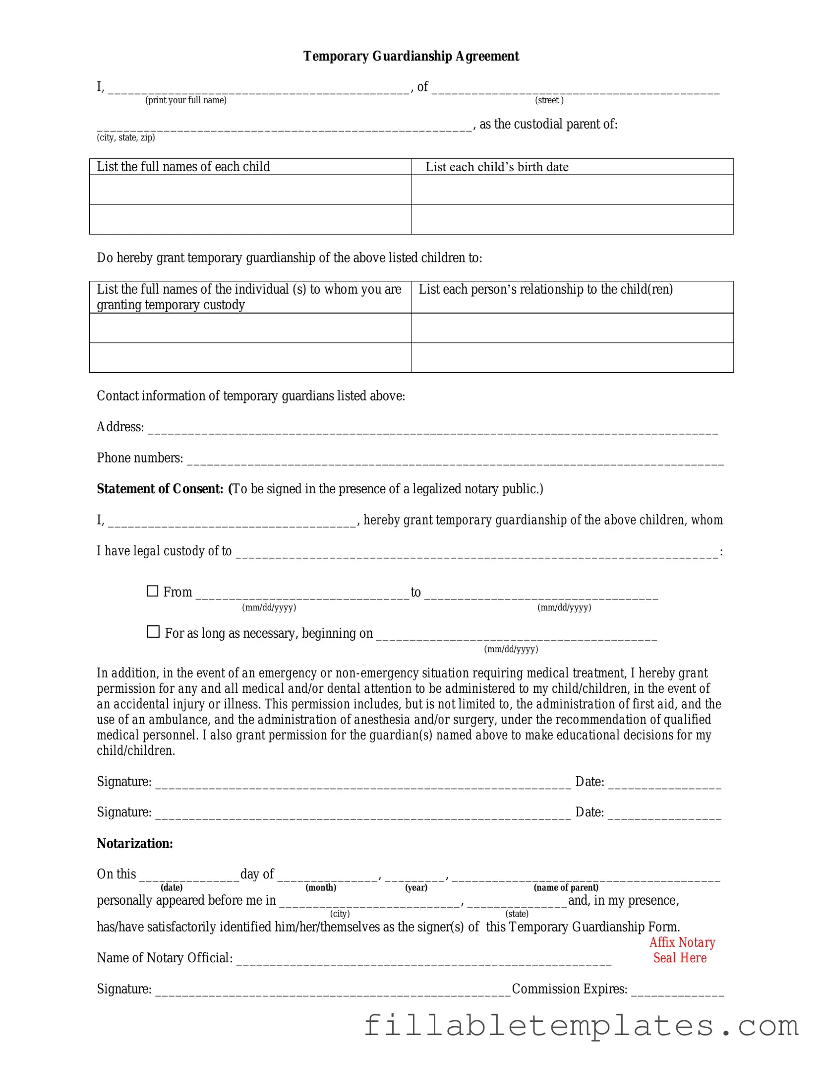 Official Temporary Custody Template in PDF