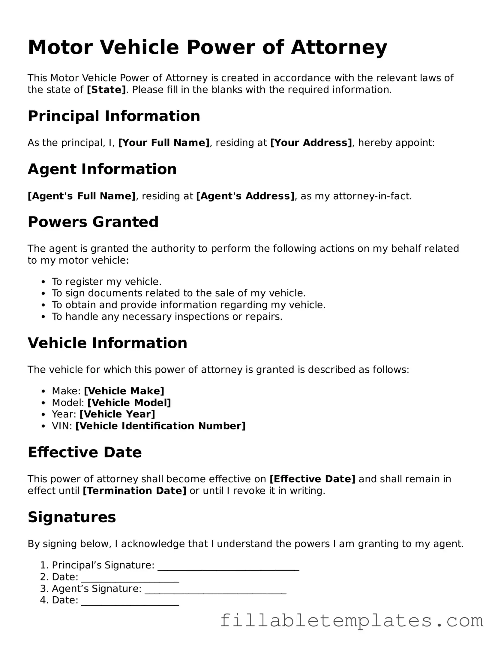 Printable Motor Vehicle Power of Attorney Form