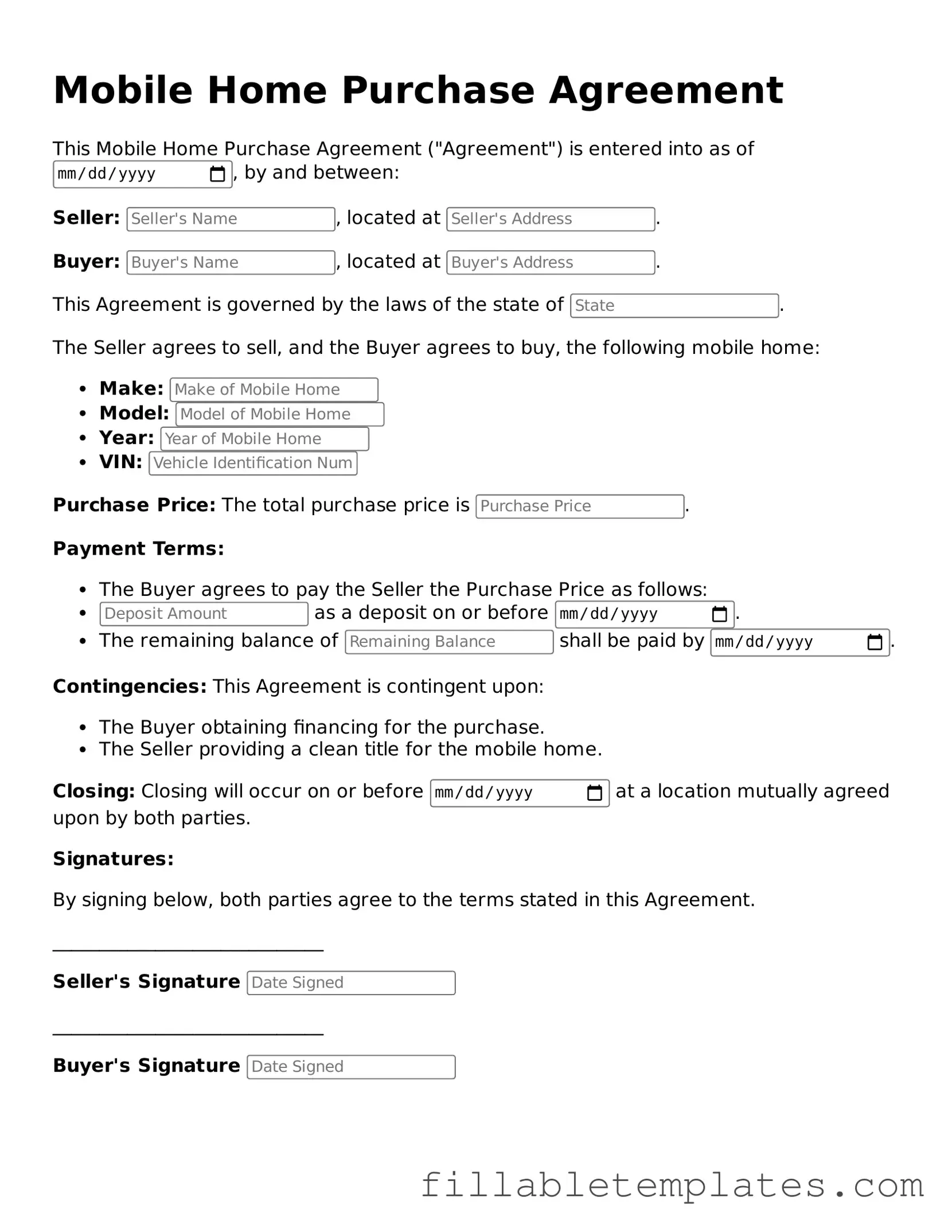 Printable Mobile Home Purchase Agreement Form