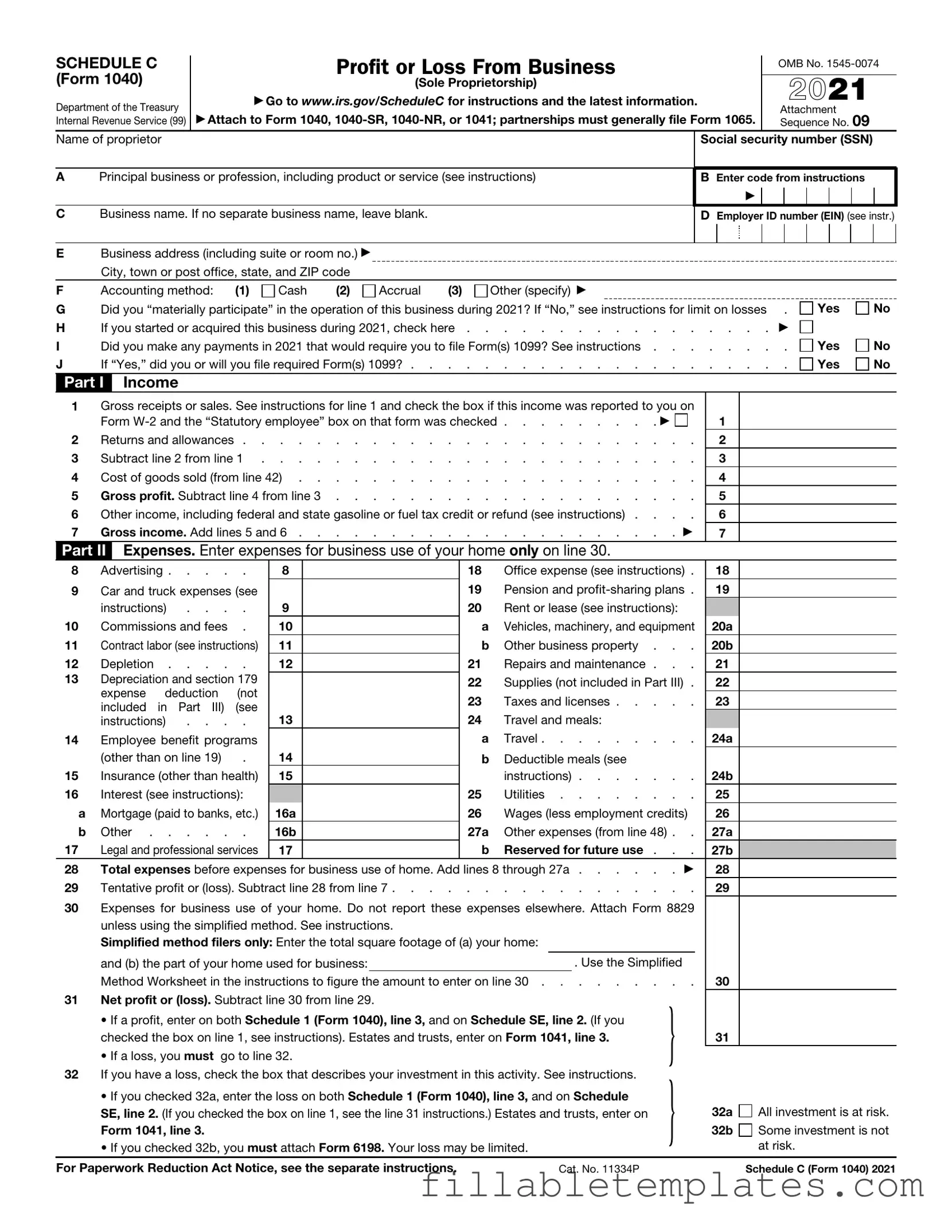 Official IRS Schedule C 1040 Template in PDF