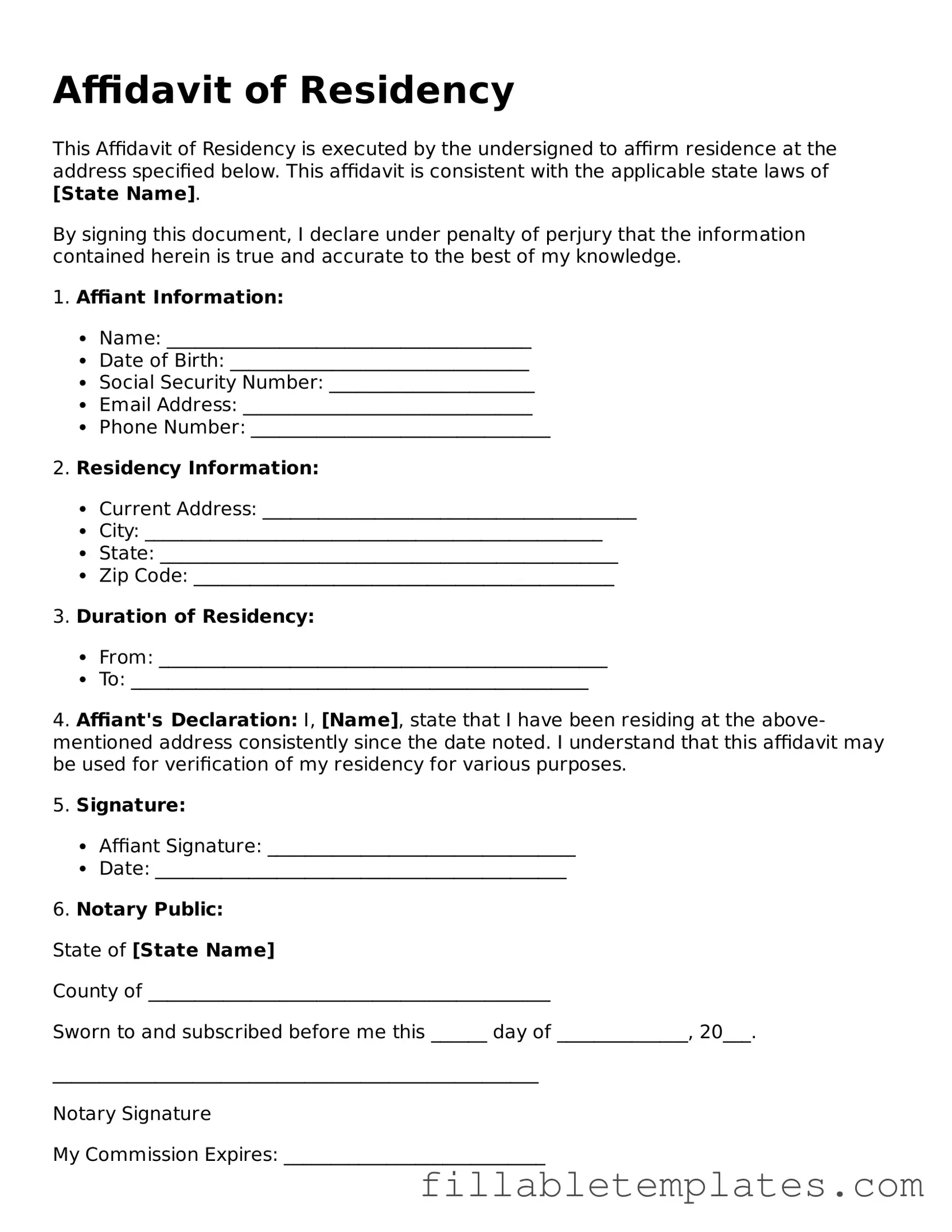 Printable Affidavit of Residency Form