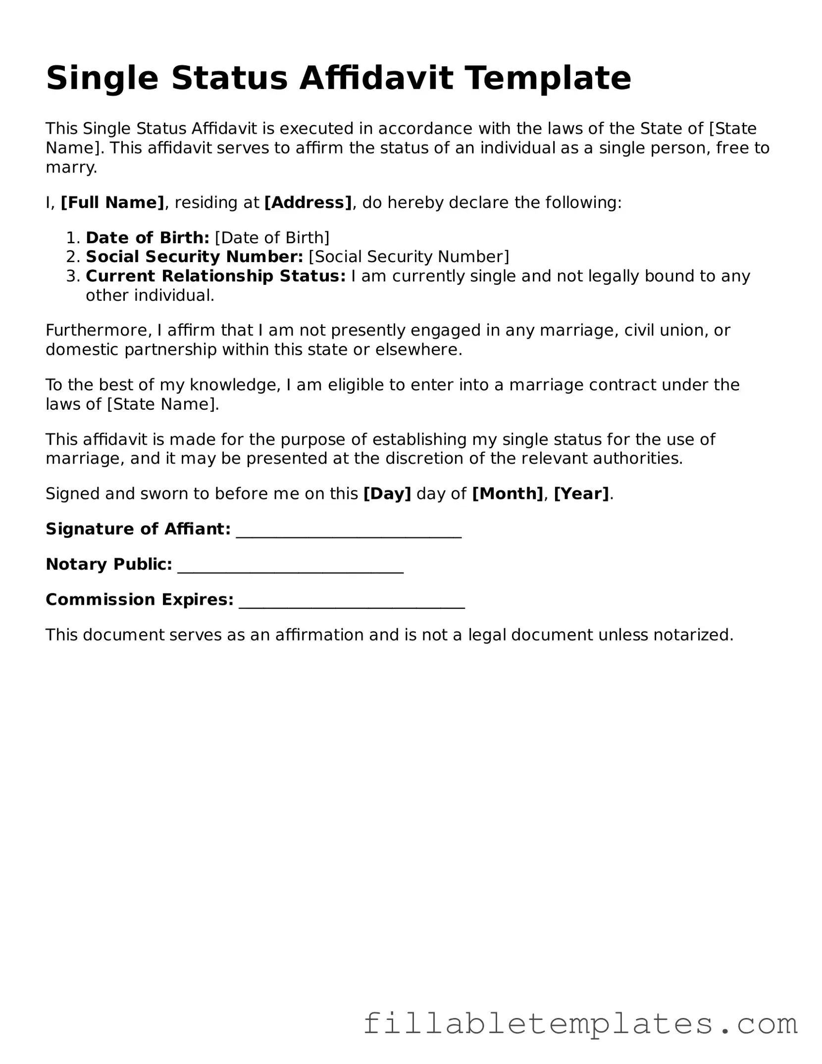 Printable Single Status Affidavit Form