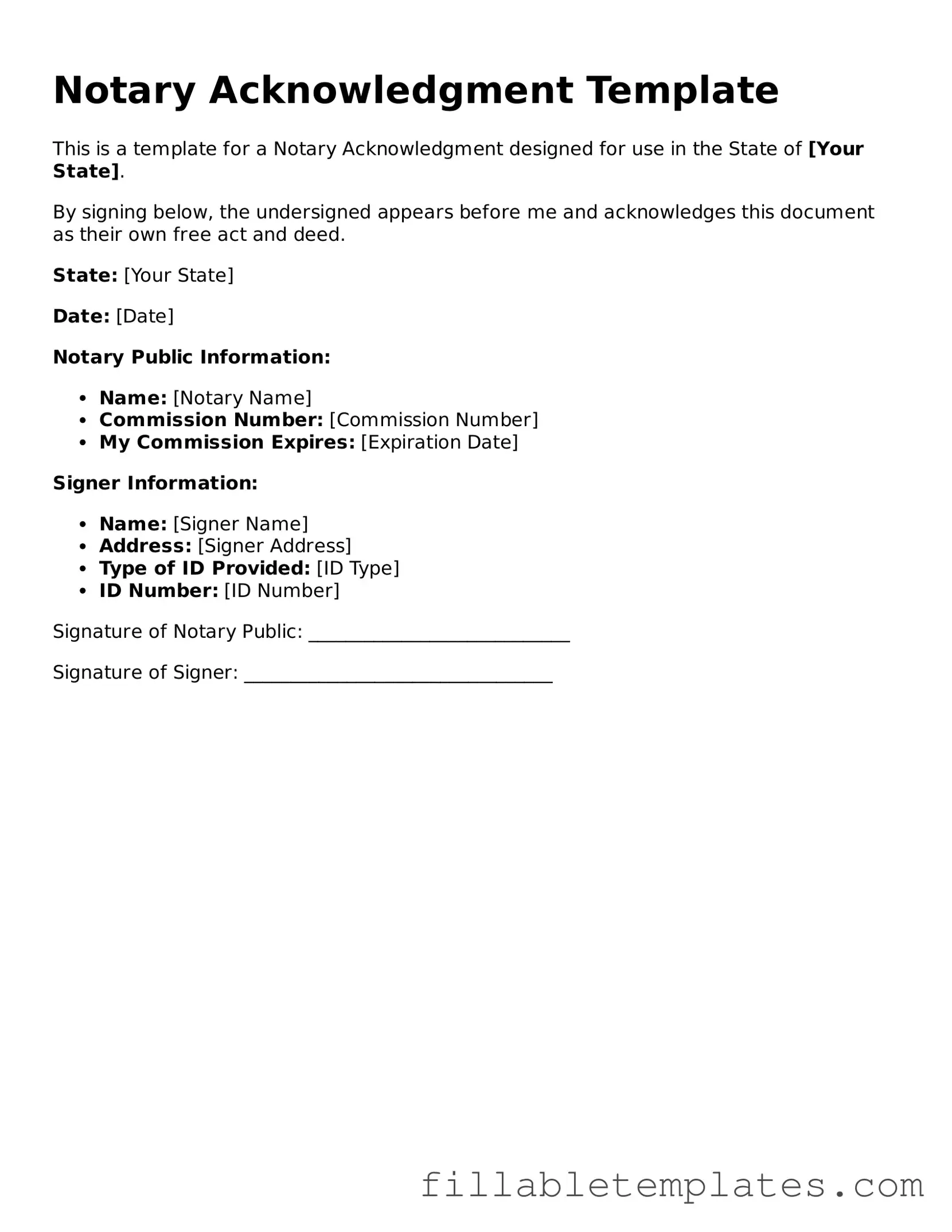 Printable Notary Acknowledgement Form