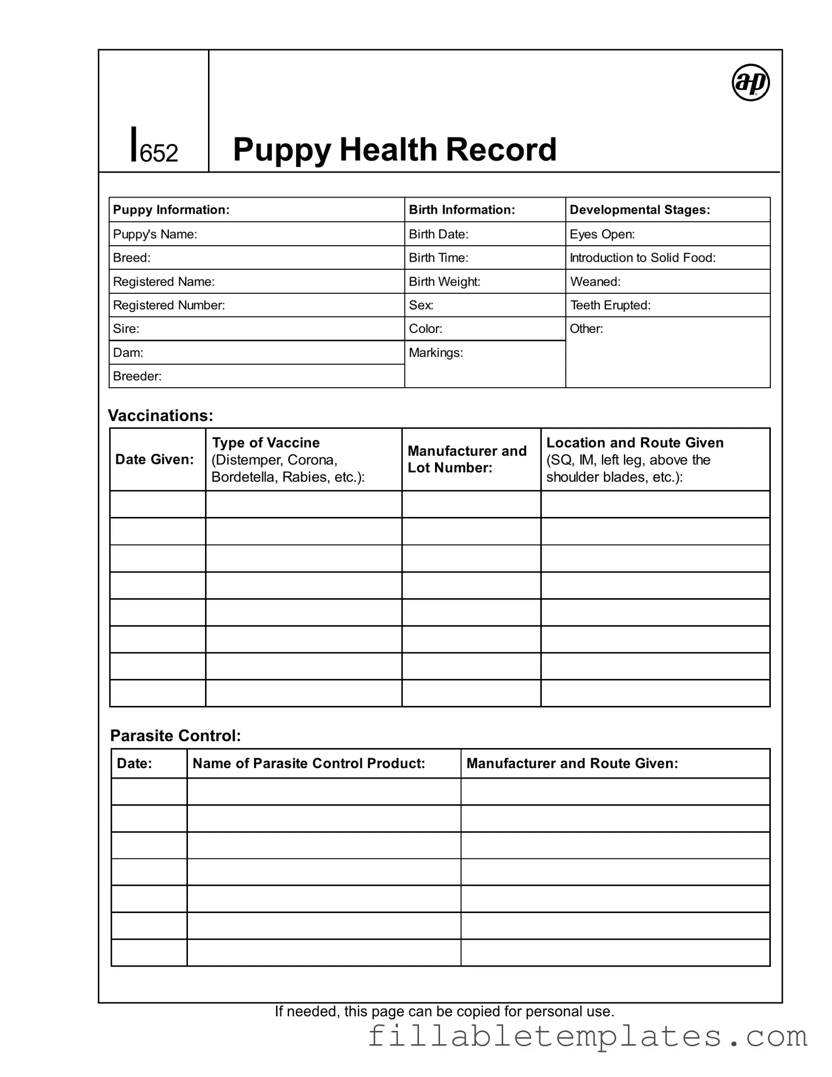 Official Puppy Health Record Template in PDF
