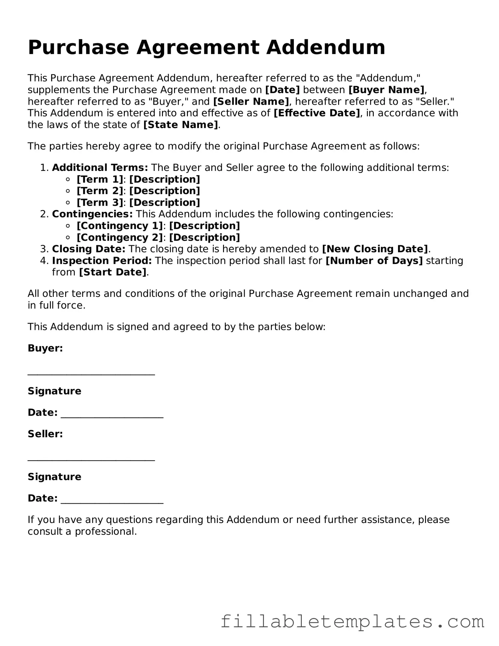 Printable Purchase Agreement Addendum Form