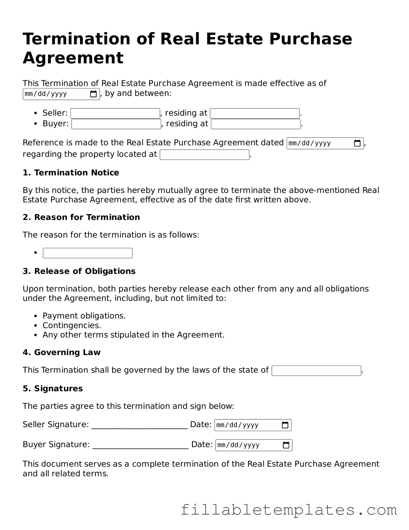 Printable Termination of Real Estate Purchase Agreement Form