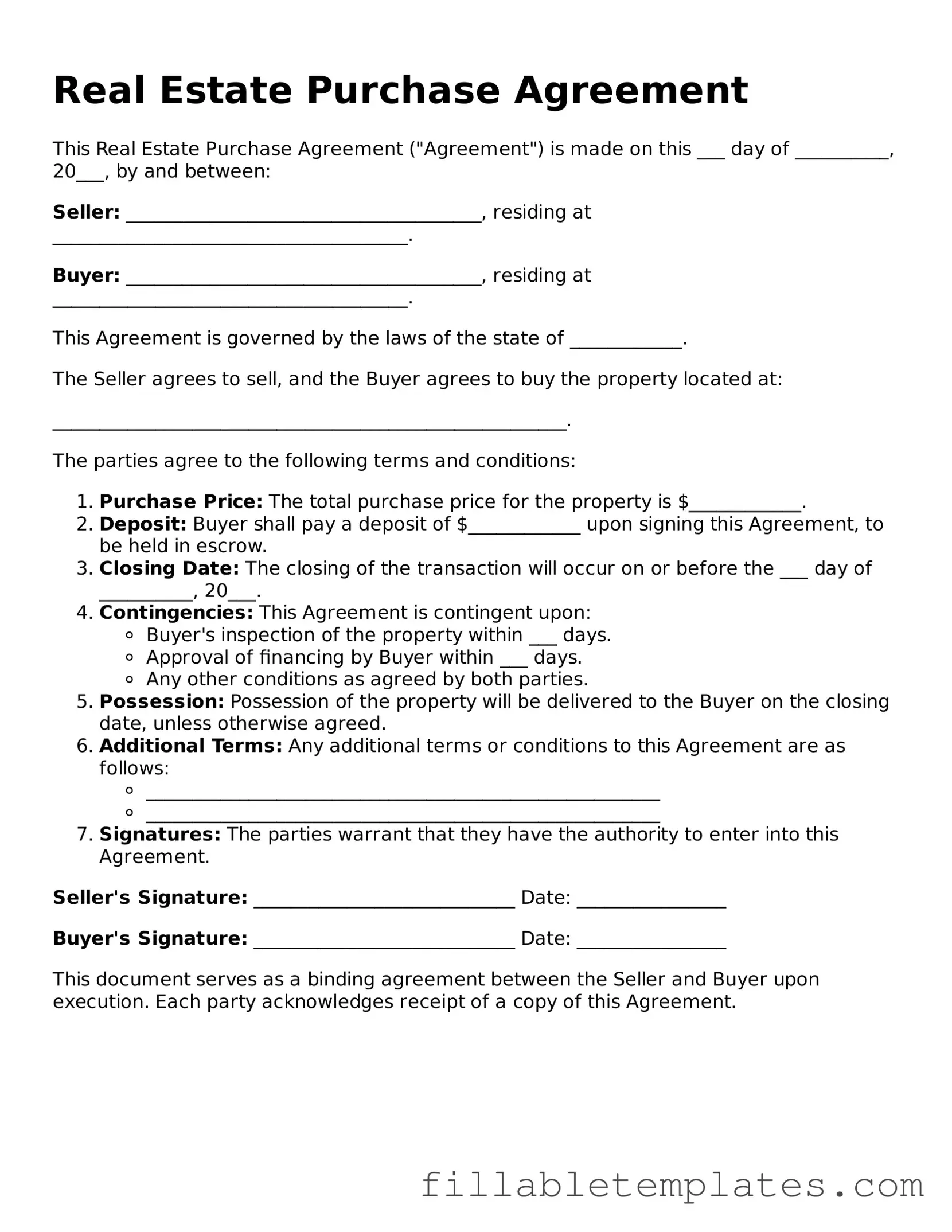 Printable Real Estate Purchase Agreement Form