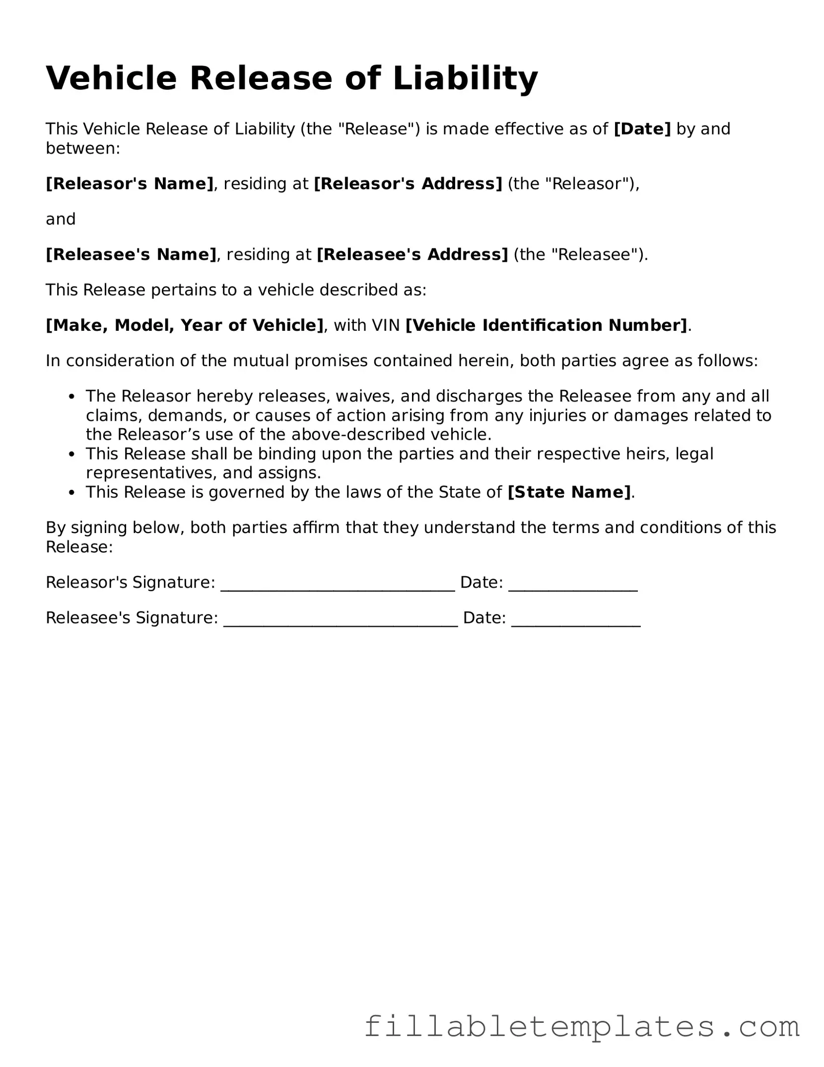 Printable Vehicle Release of Liability Form