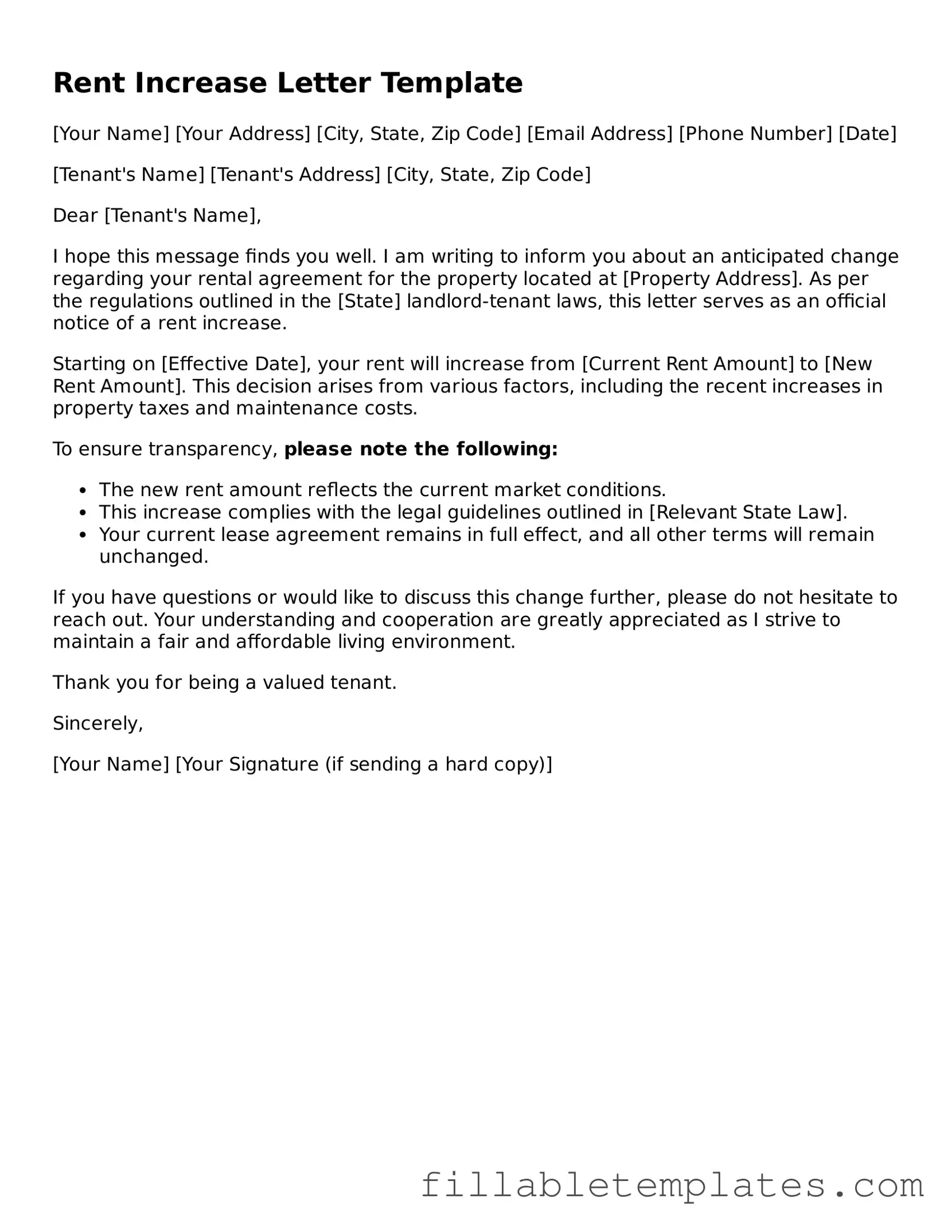 Printable Rent Increase Letter Form