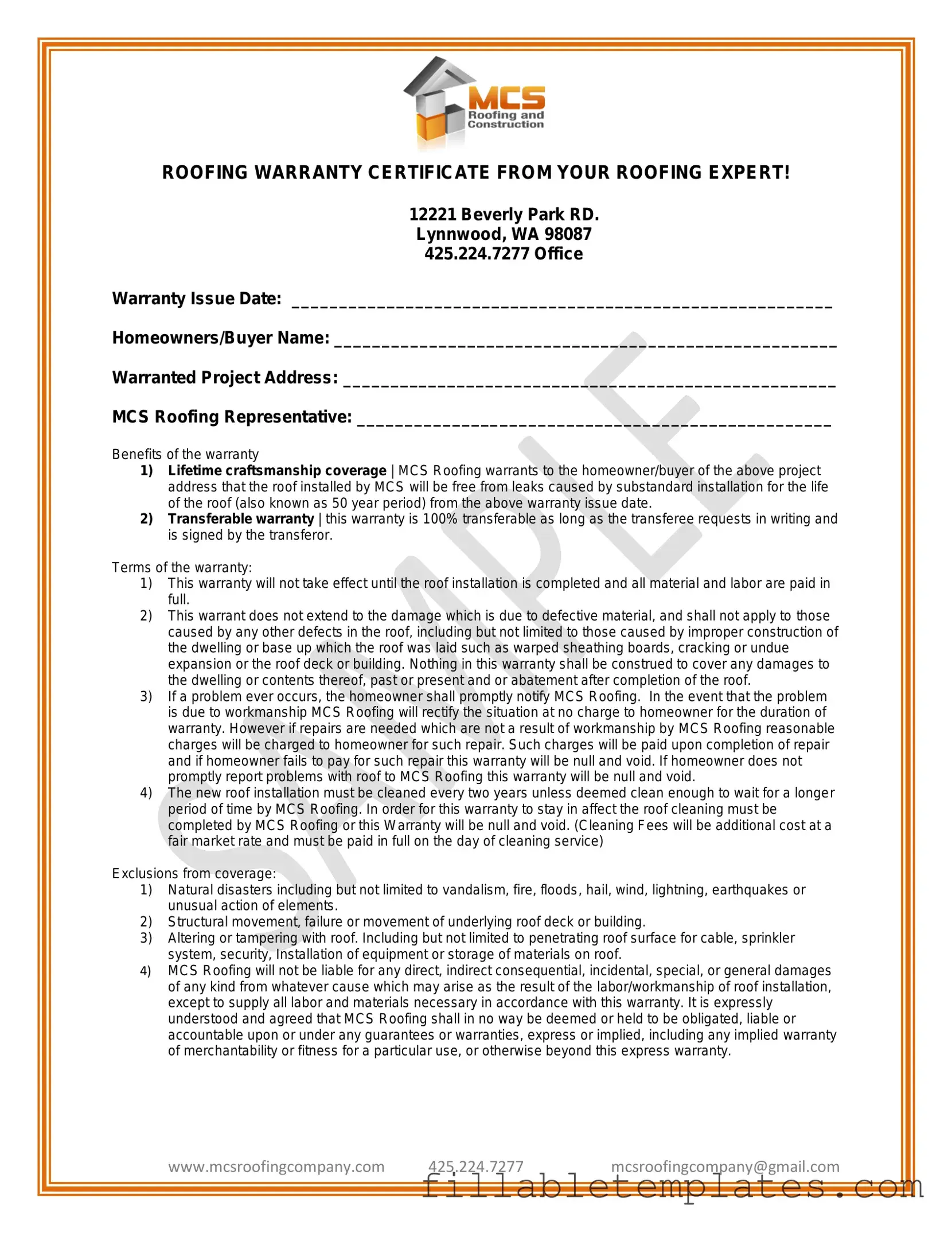 Official Roofing Warranty Certificate Template in PDF