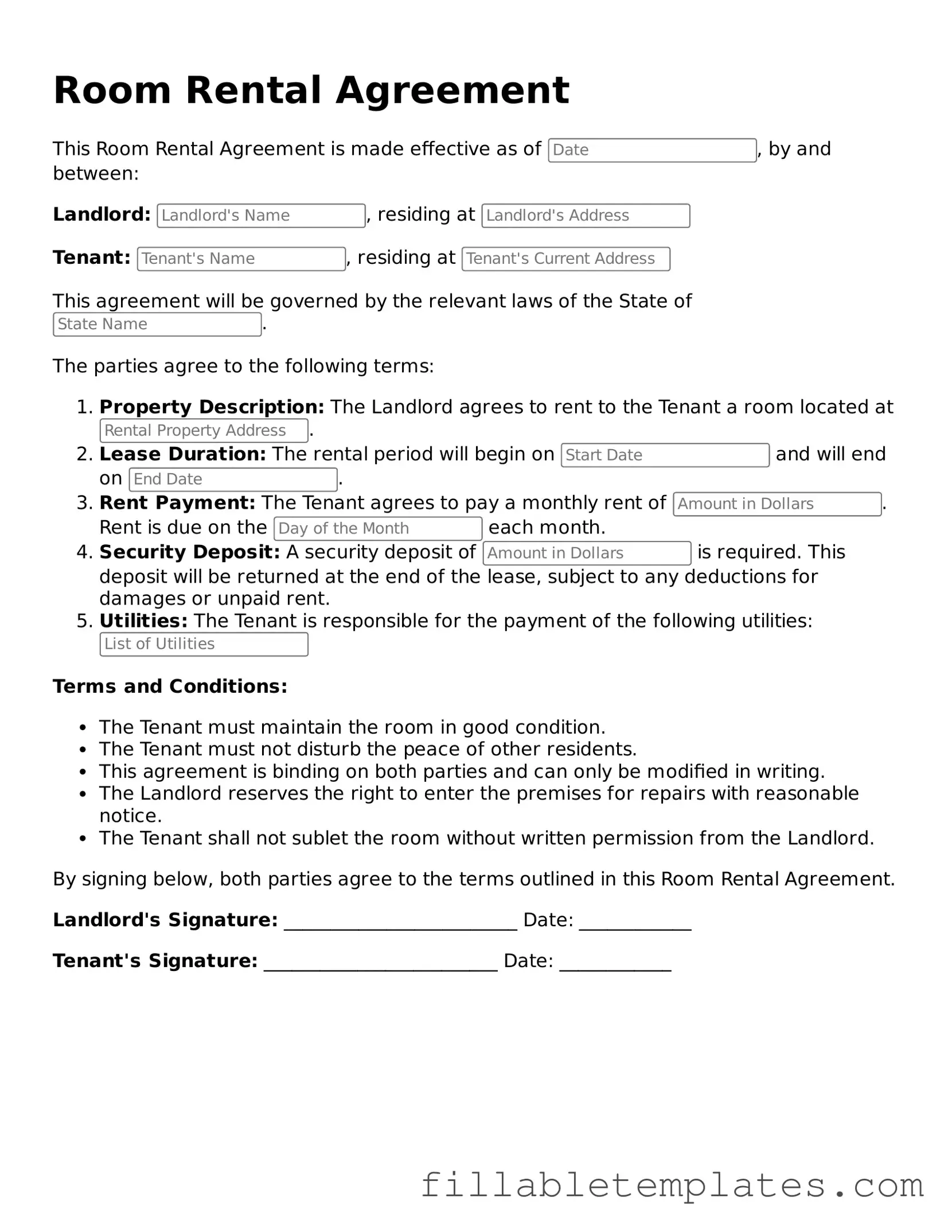 Printable Room Rental Agreement Form