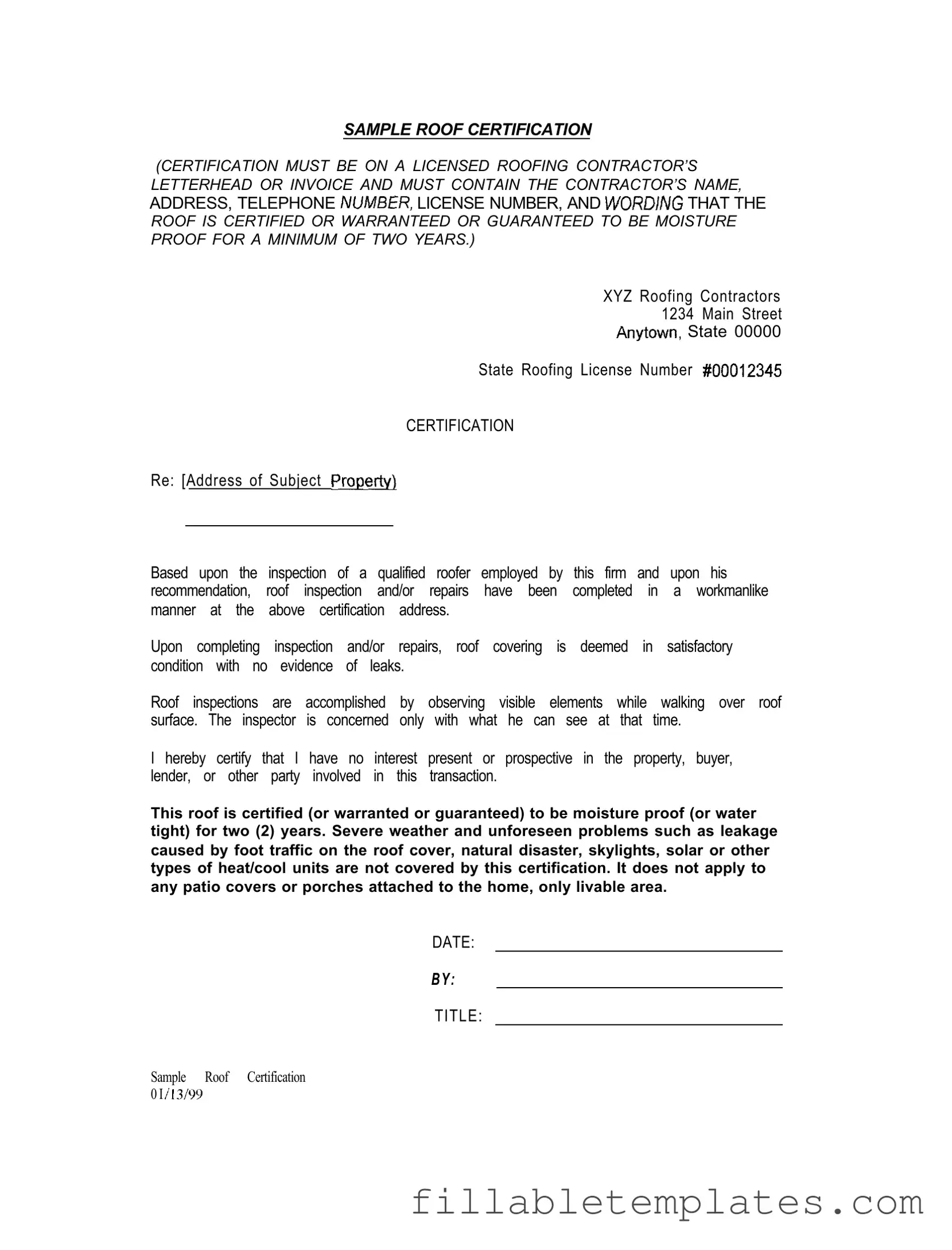 Official Sample Roof Certification Template in PDF