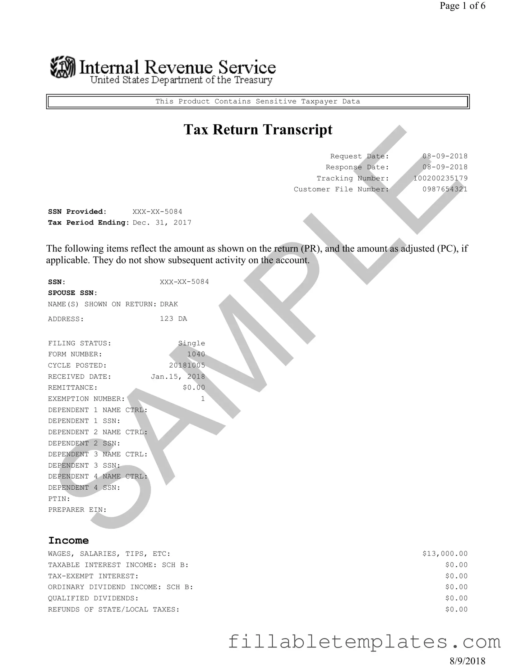 Official Sample Tax Return Transcript Template in PDF