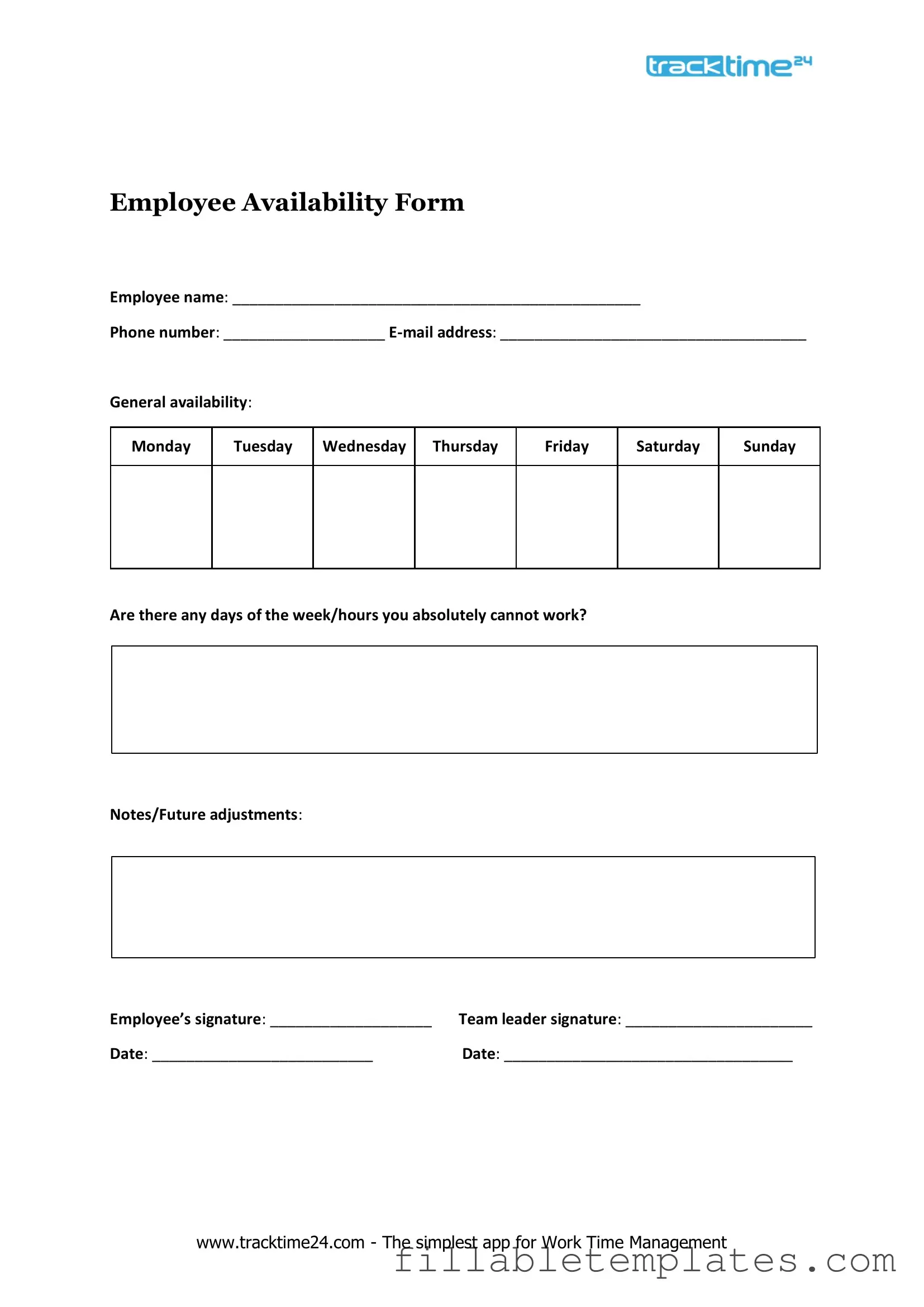 Official Employee Availability Template in PDF