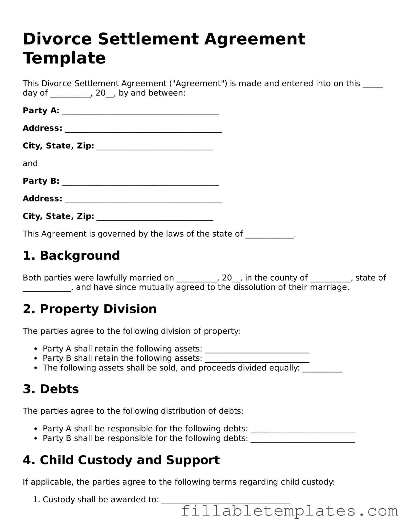 Printable Divorce Settlement Agreement Form