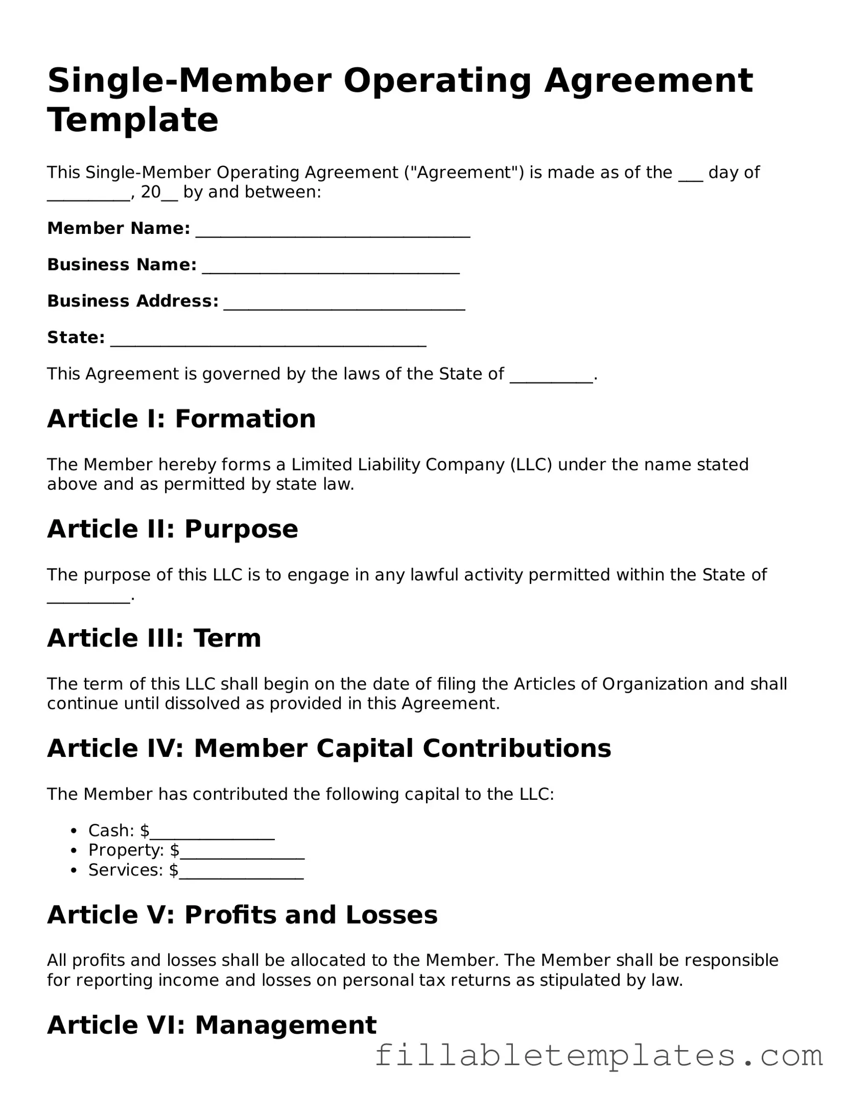 Printable Single-Member Operating Agreement Form