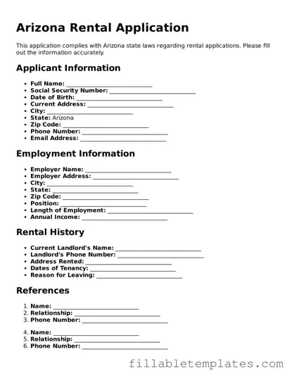 Printable Rental Application Form for the State of Arizona
