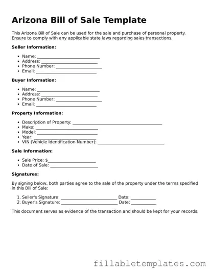Printable Bill of Sale Form for the State of Arizona