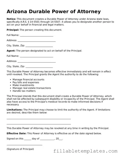 Printable Durable Power of Attorney Form for the State of Arizona