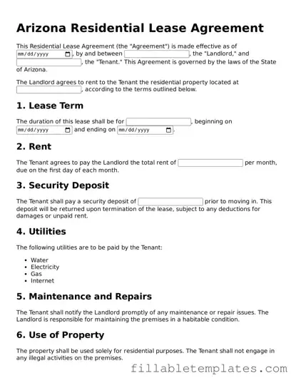 Printable Residential Lease Agreement Form for the State of Arizona