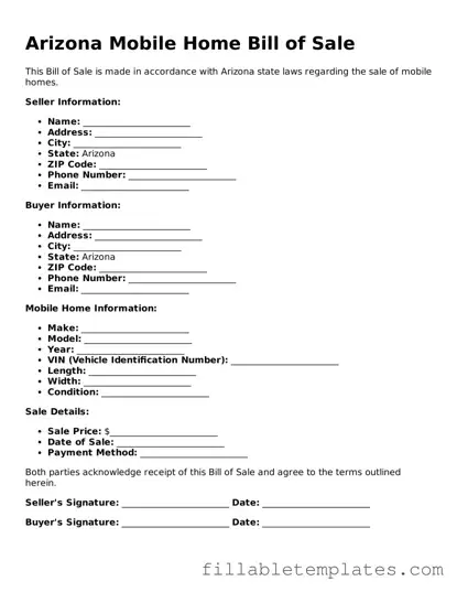 Printable Mobile Home Bill of Sale Form for the State of Arizona