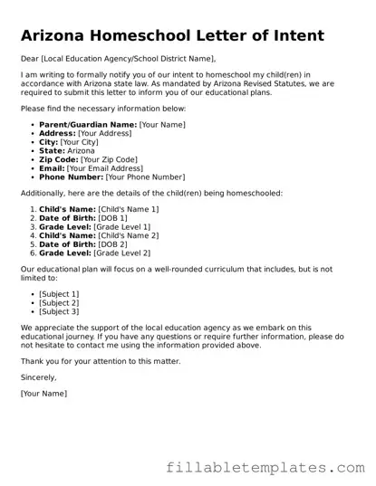 Printable Homeschool Letter of Intent Form for the State of Arizona