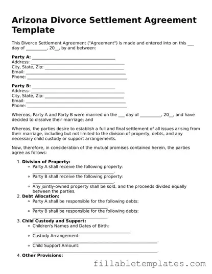 Printable Divorce Settlement Agreement Form for the State of Arizona