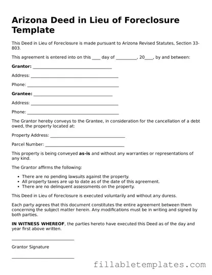 Printable Deed in Lieu of Foreclosure Form for the State of Arizona