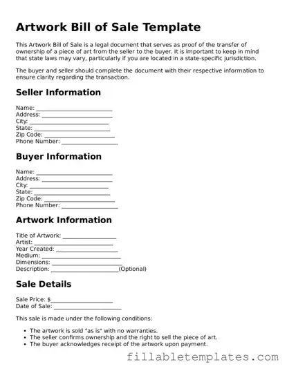 Printable Artwork Bill of Sale Form